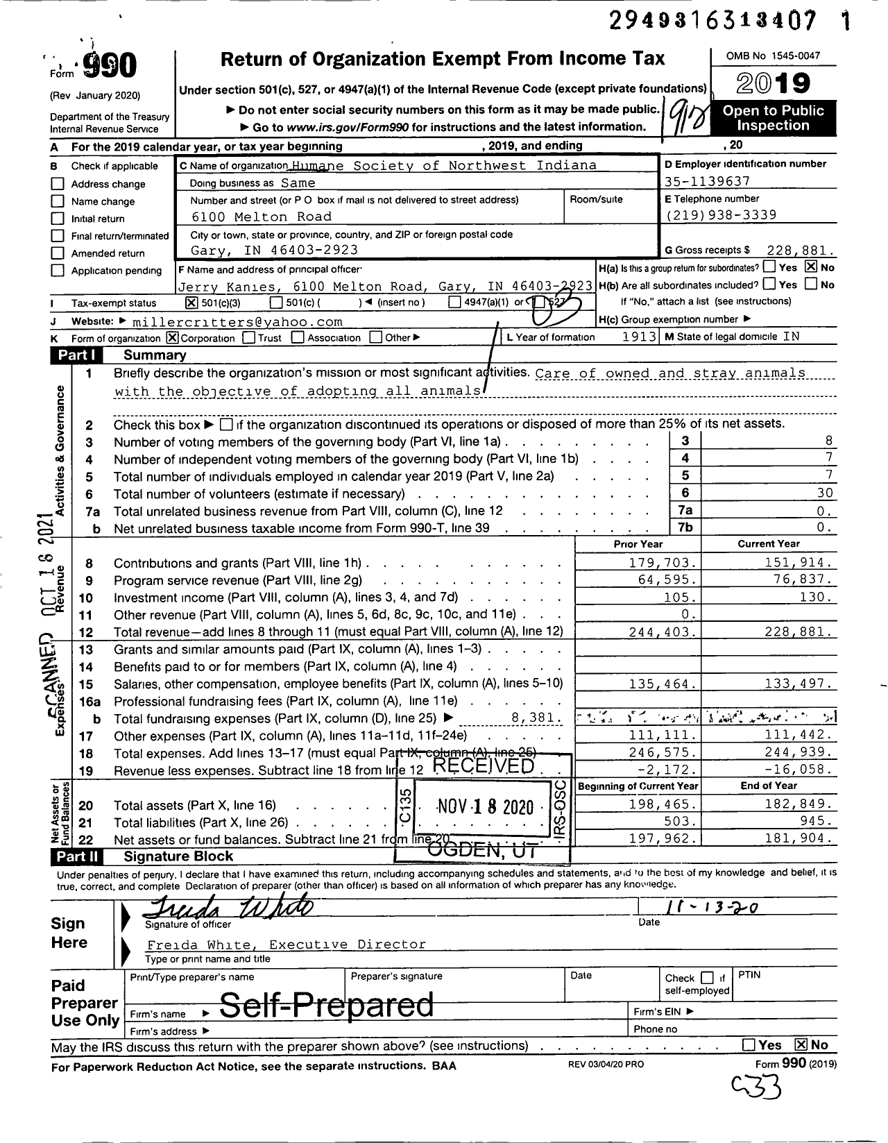 Image of first page of 2019 Form 990 for Humane Society of Northwest West Indiana