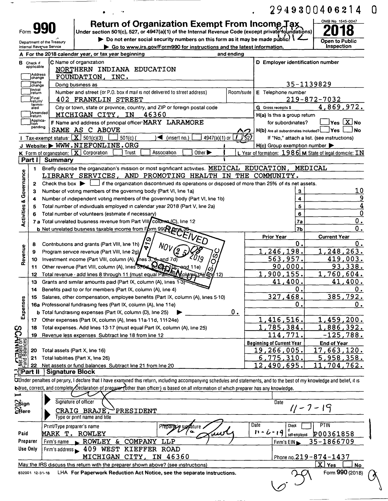 Image of first page of 2018 Form 990 for Northern Indiana Education Foundation