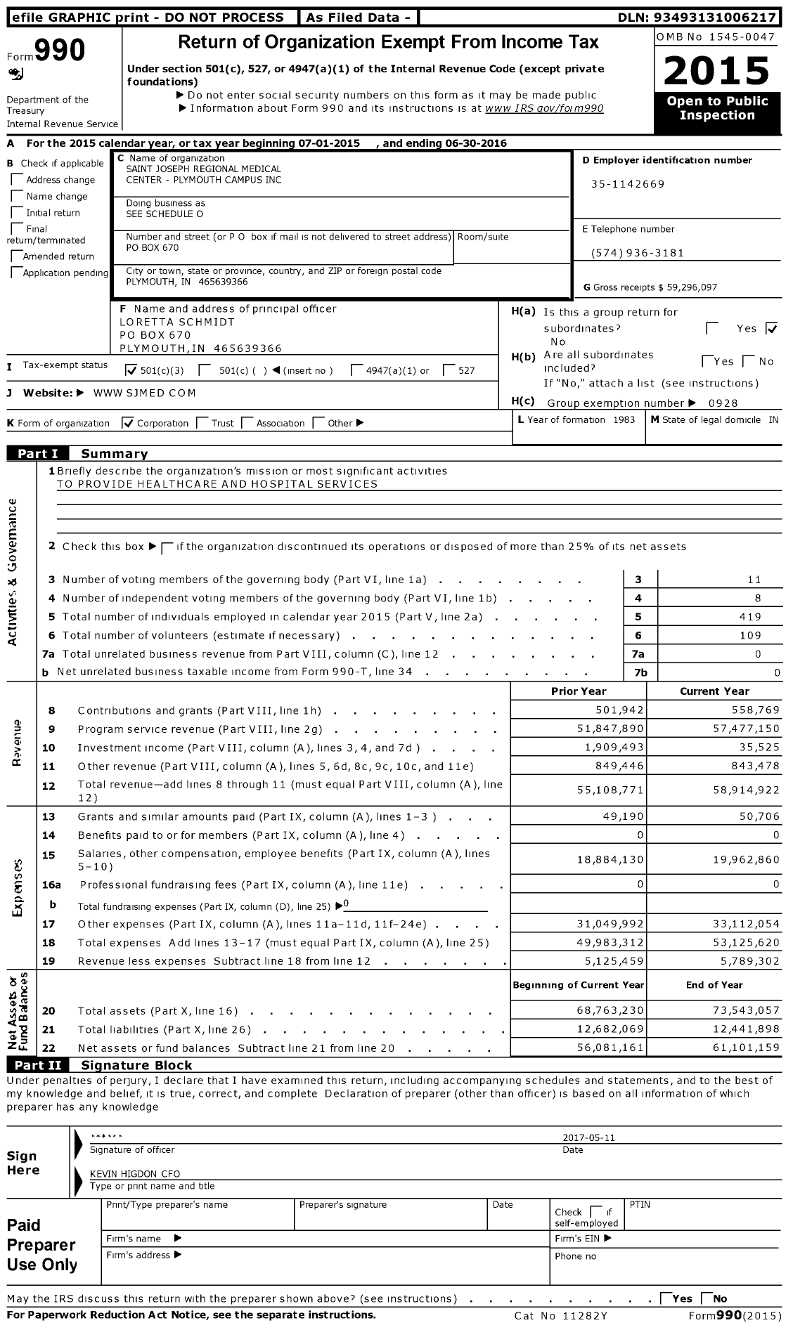Image of first page of 2015 Form 990 for Saint Joseph Regional Medical Center - Plymouth Campus