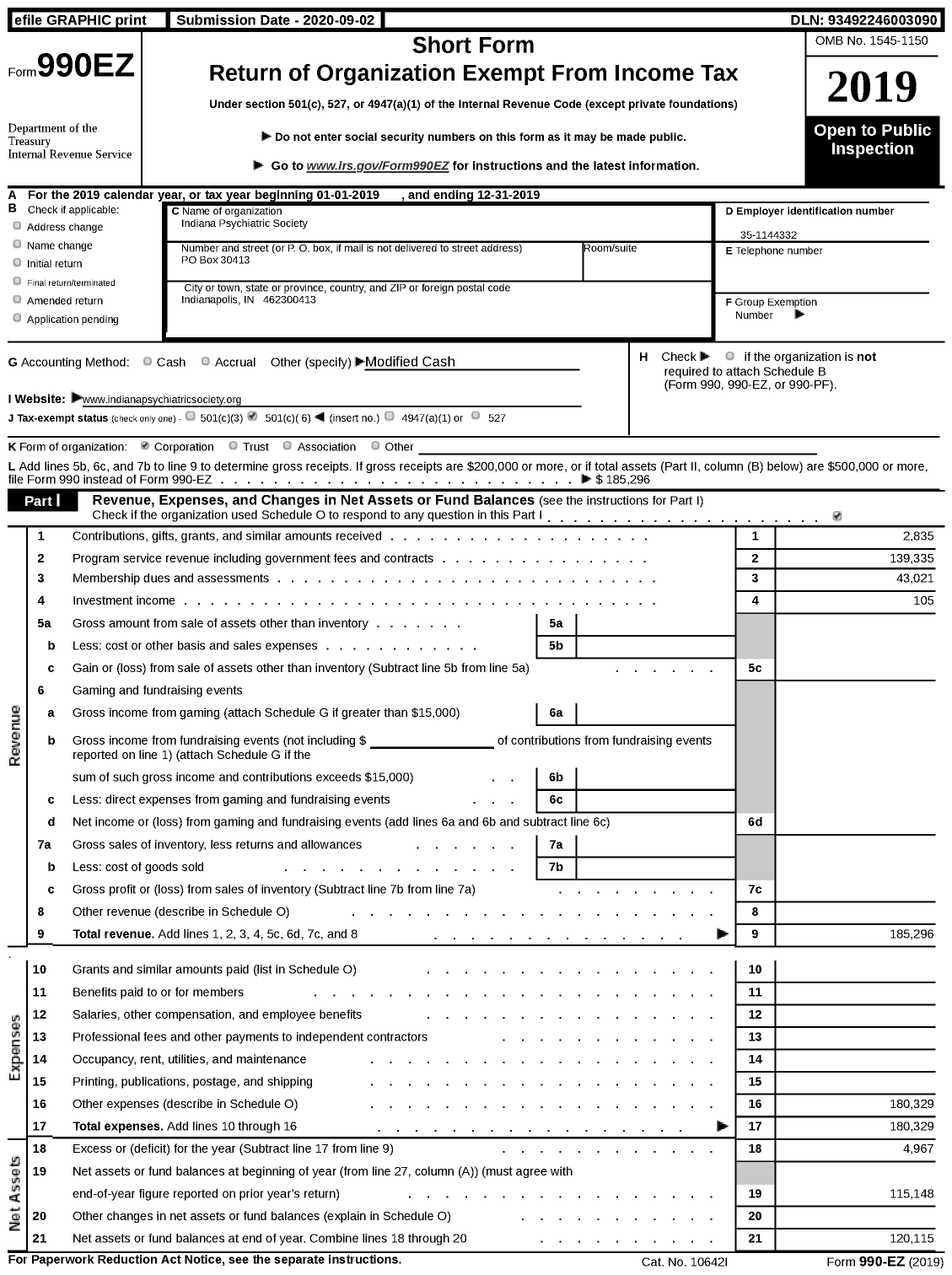 Image of first page of 2019 Form 990EZ for Indiana Psychiatric Society