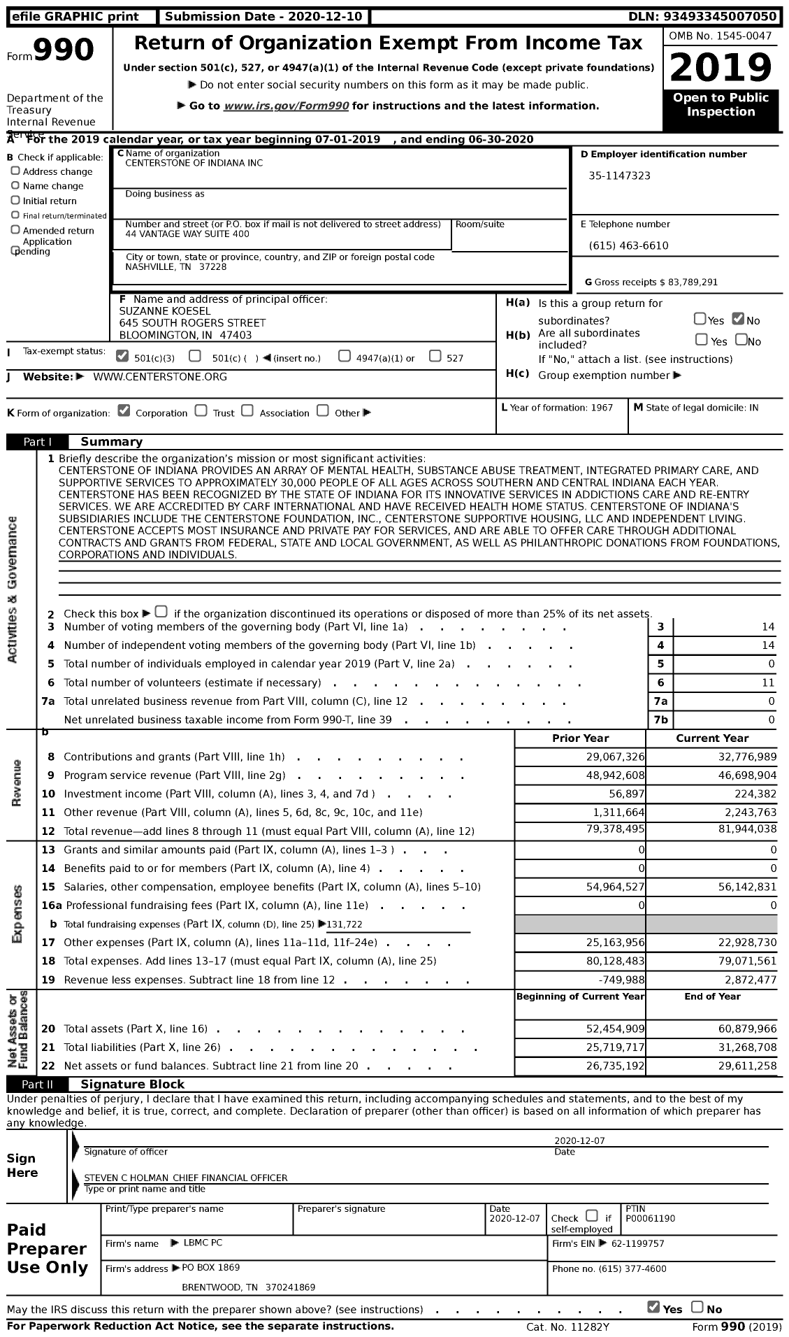 Image of first page of 2019 Form 990 for Centerstone of Indiana