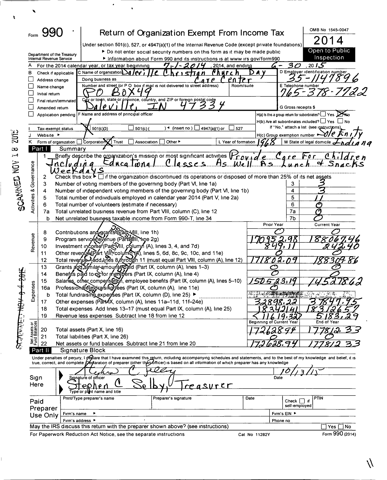 Image of first page of 2014 Form 990 for Daleville Christian Church Day Care Center