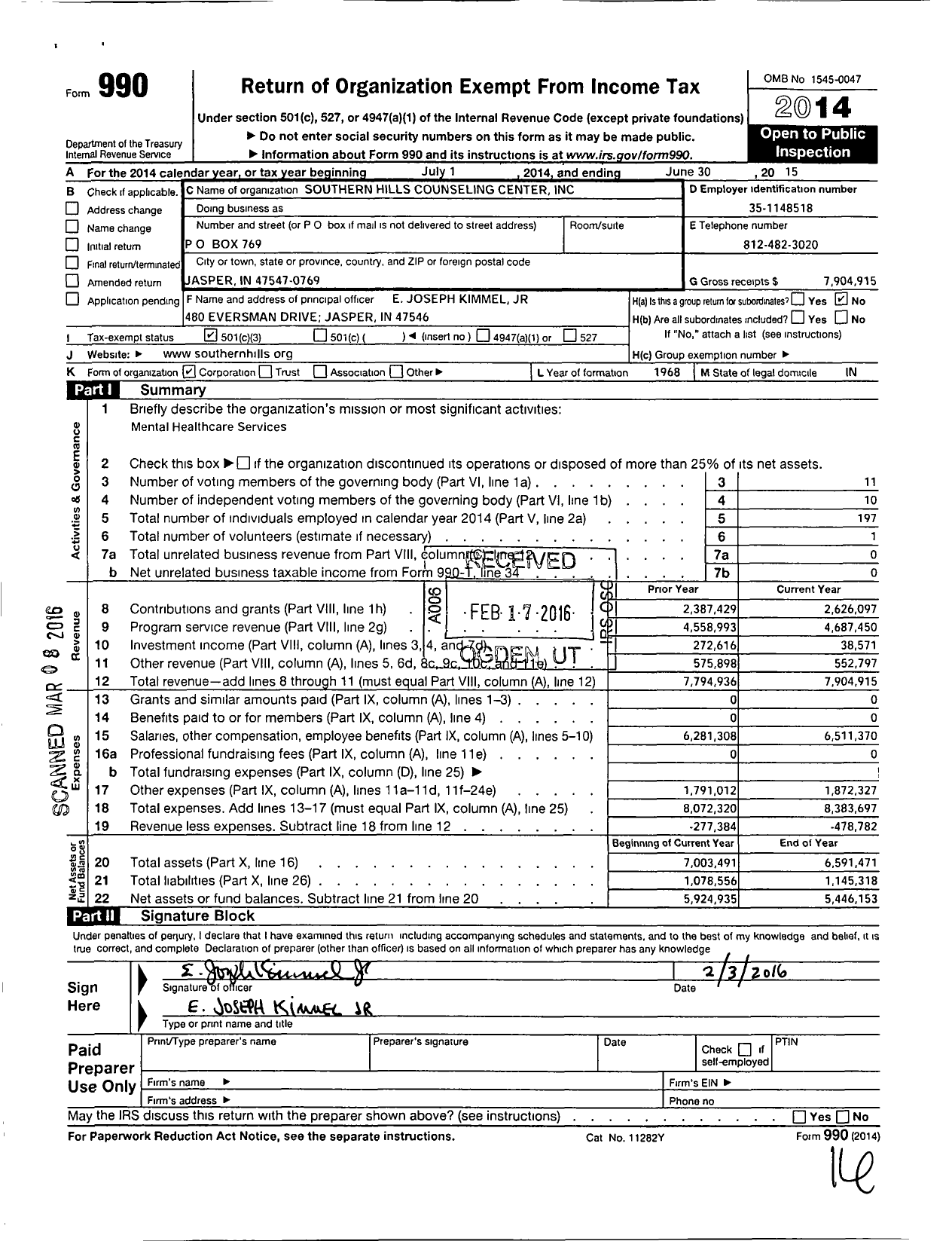 Image of first page of 2014 Form 990 for Southern Hills Counseling Center