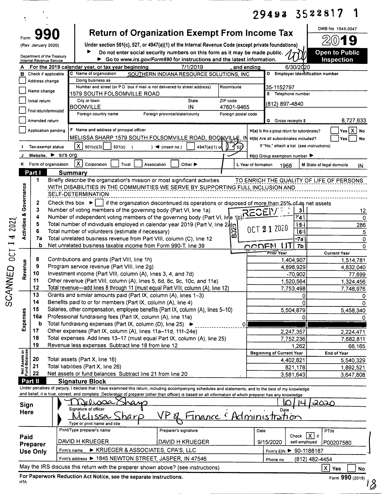 Image of first page of 2019 Form 990 for Southern Indiana Resource Solutions (SIRS)
