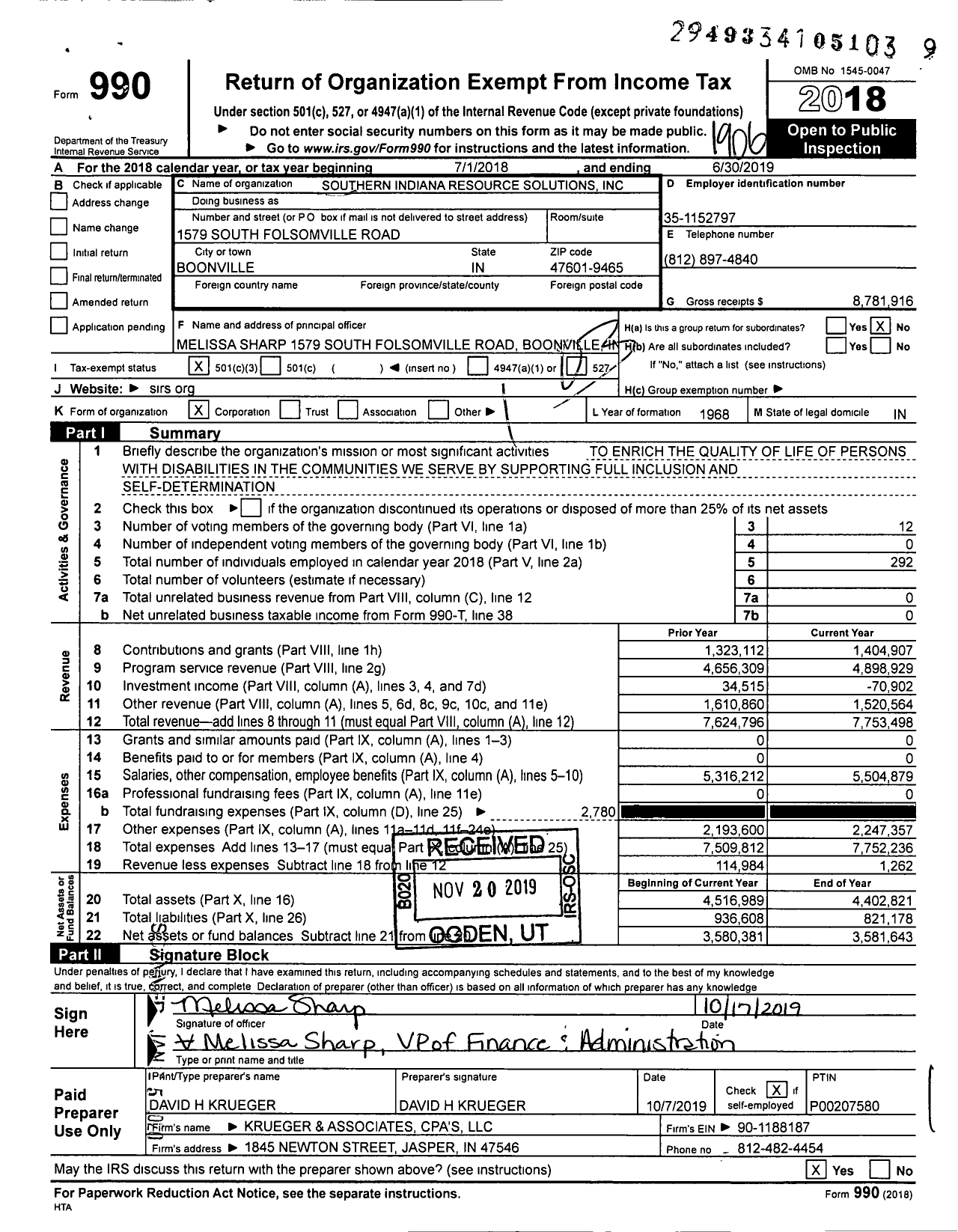Image of first page of 2018 Form 990 for Southern Indiana Resource Solutions (SIRS)
