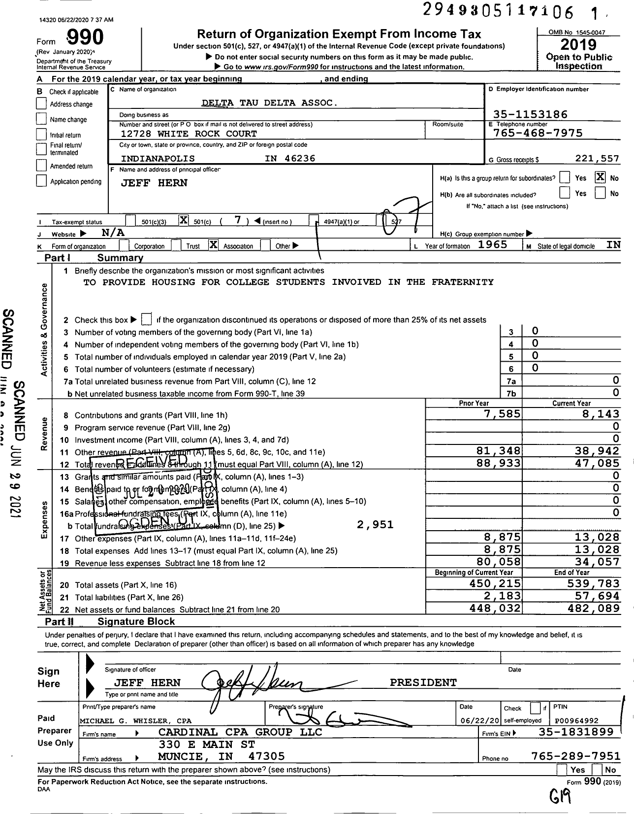 Image of first page of 2019 Form 990O for Delta Tau Delta Association