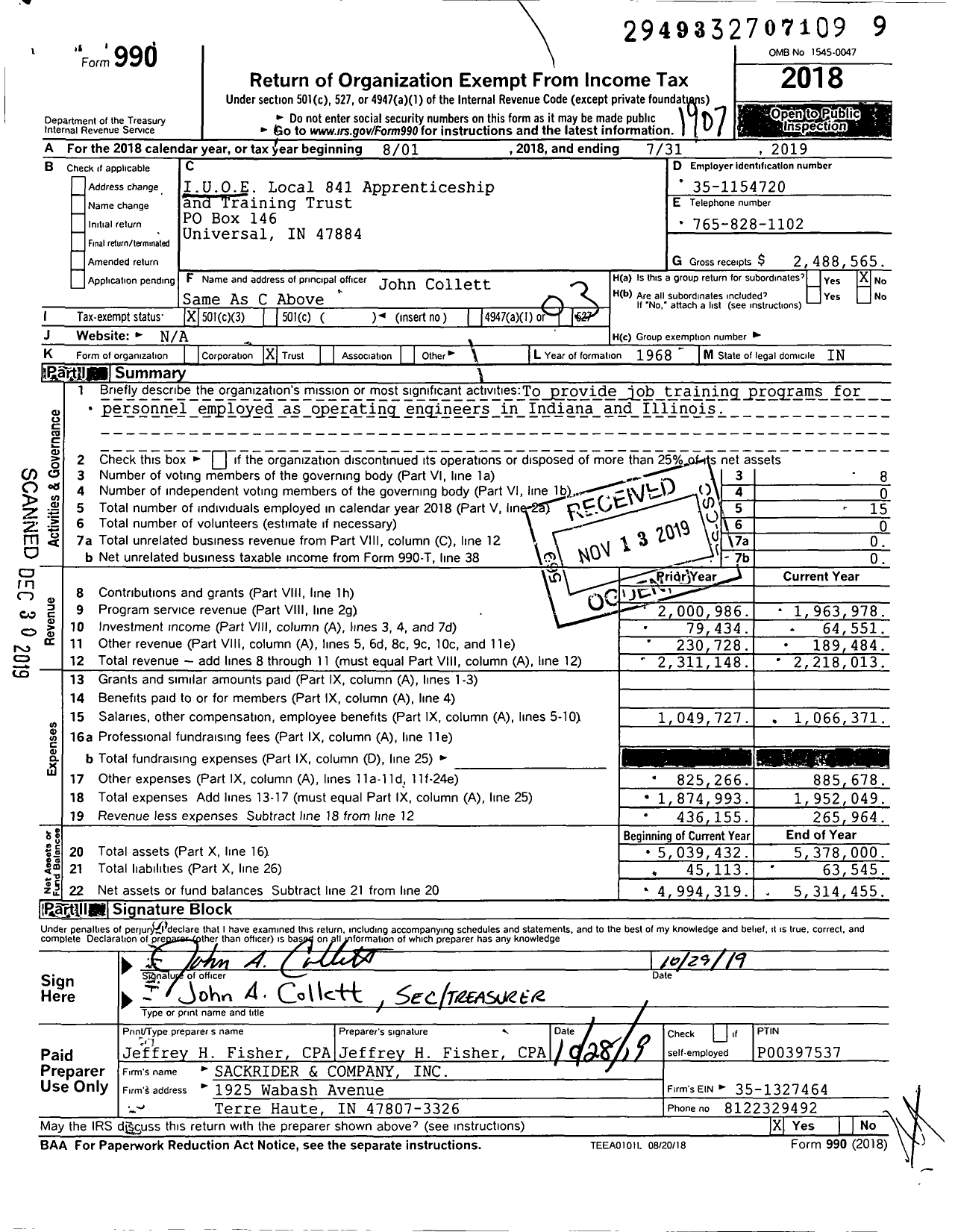 Image of first page of 2018 Form 990 for International Union of Operating Eng Local 841 Apprenticeship and Training Trust