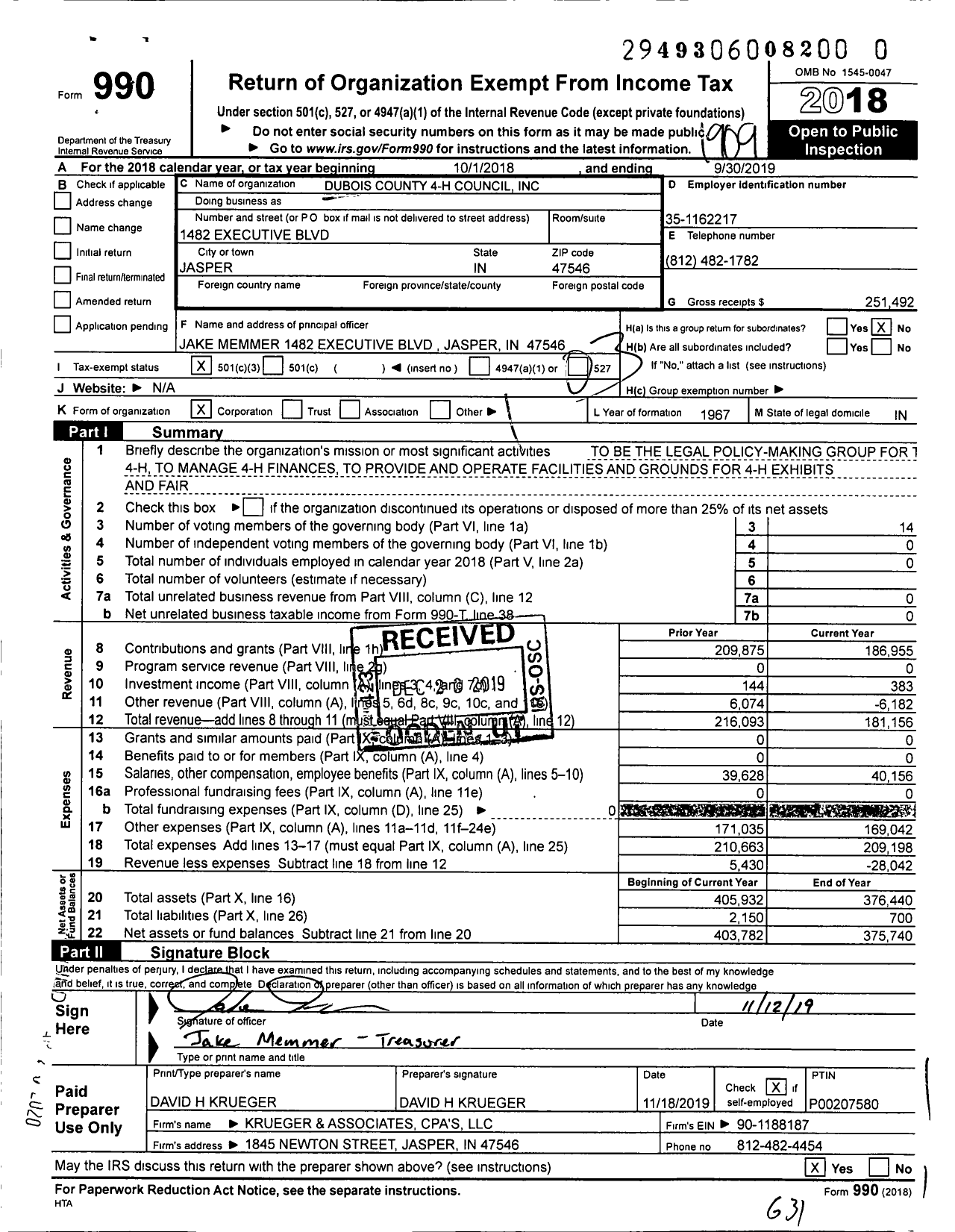 Image of first page of 2018 Form 990 for Dubois County 4-H Council