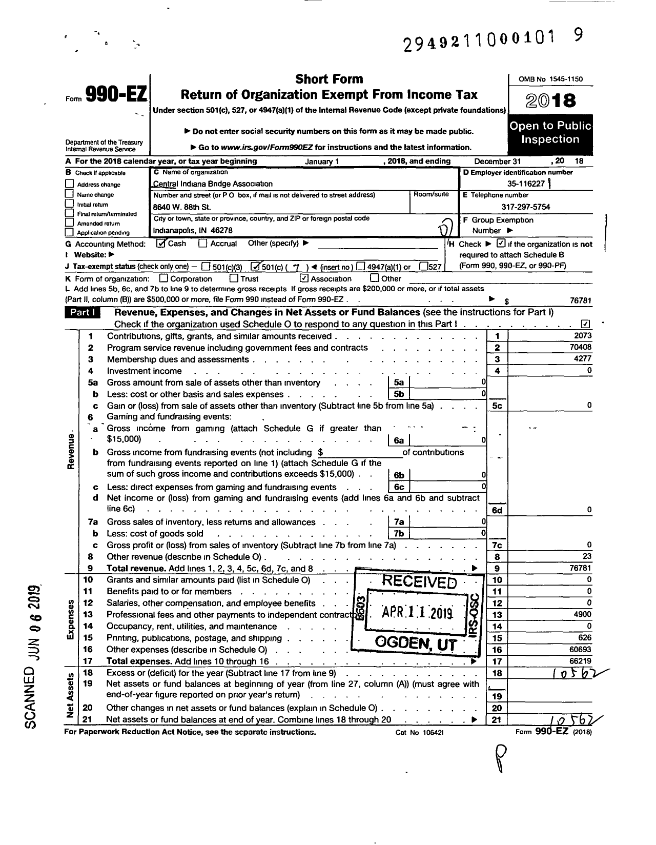 Image of first page of 2018 Form 990EO for Central Indiana Bridge Association