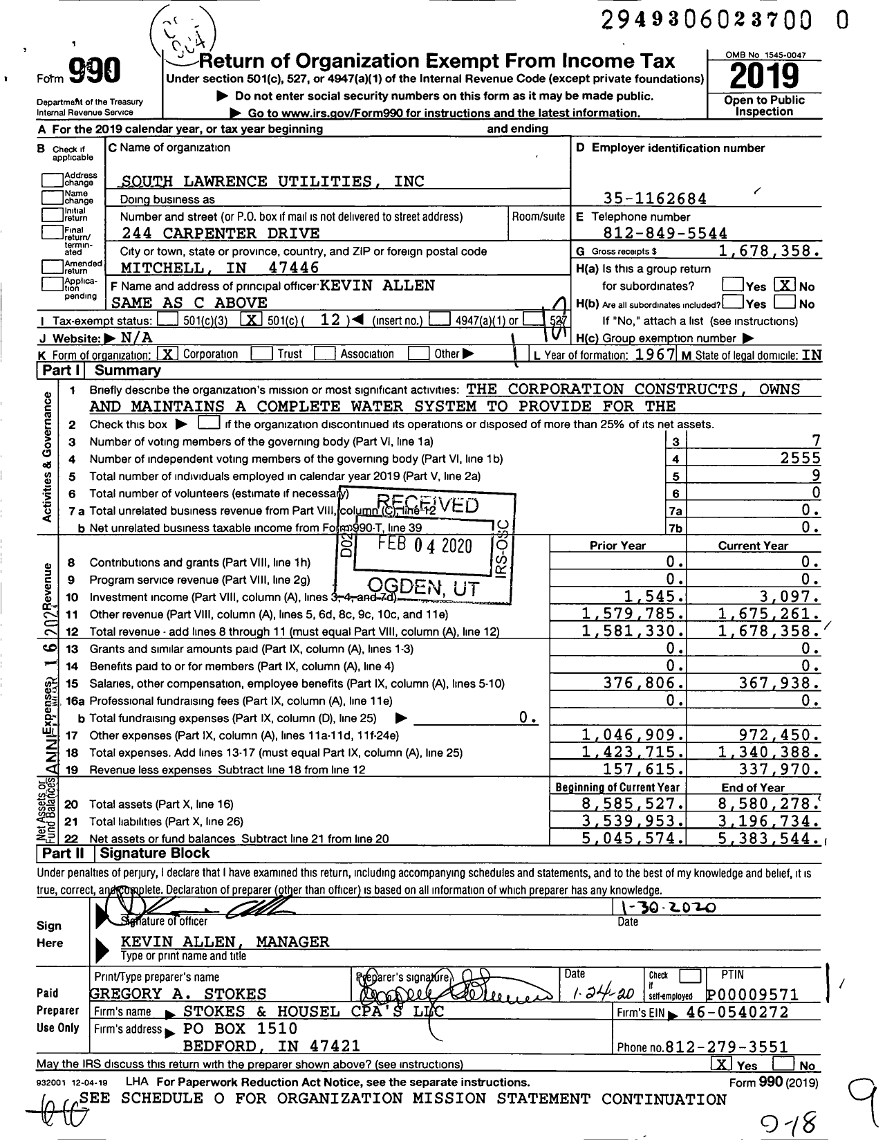 Image of first page of 2019 Form 990O for South Lawrence Utilities