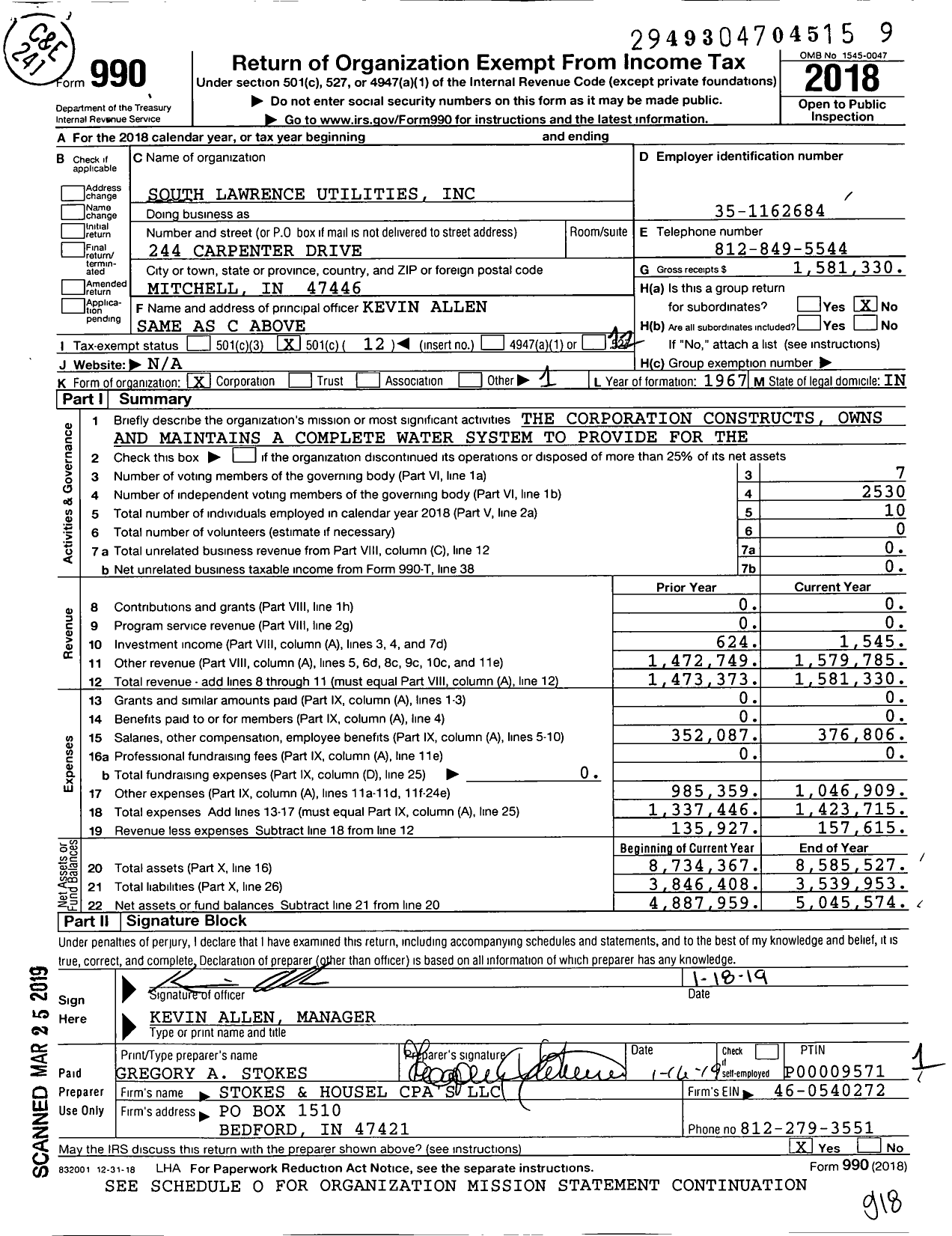 Image of first page of 2018 Form 990O for South Lawrence Utilities
