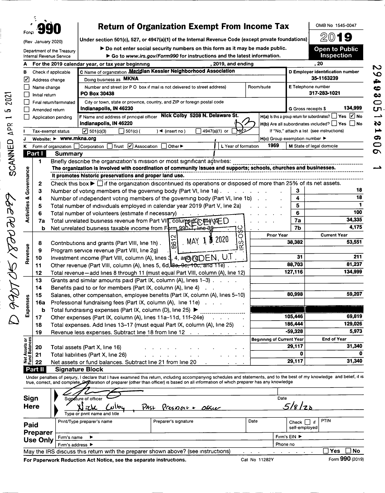 Image of first page of 2019 Form 990 for Meridian Kessler Neighborhood Association (MKNA)