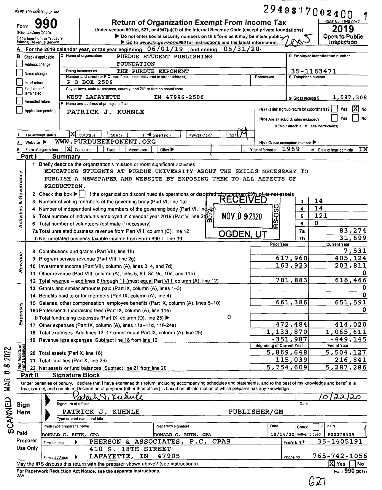 Image of first page of 2019 Form 990O for The Purdue Exponent