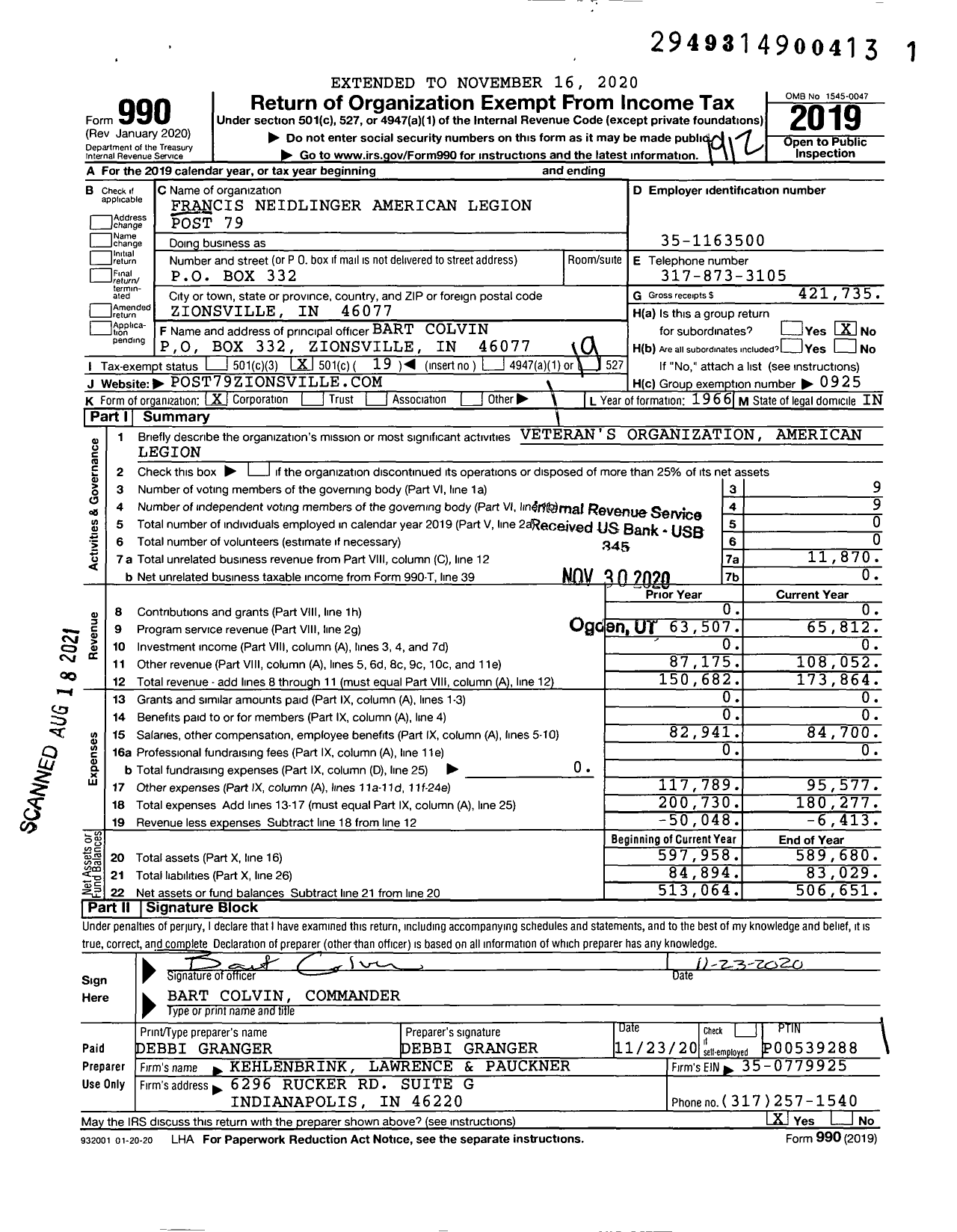 Image of first page of 2019 Form 990O for American Legion - 0079 Francis