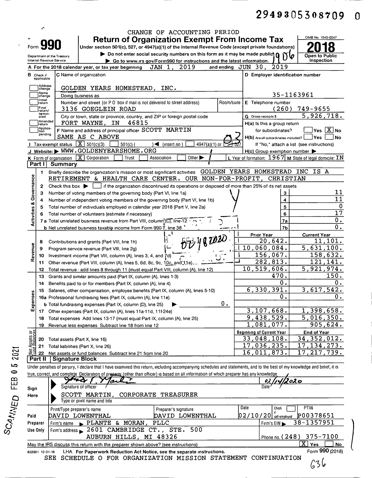 Image of first page of 2018 Form 990 for Golden Years Homestead