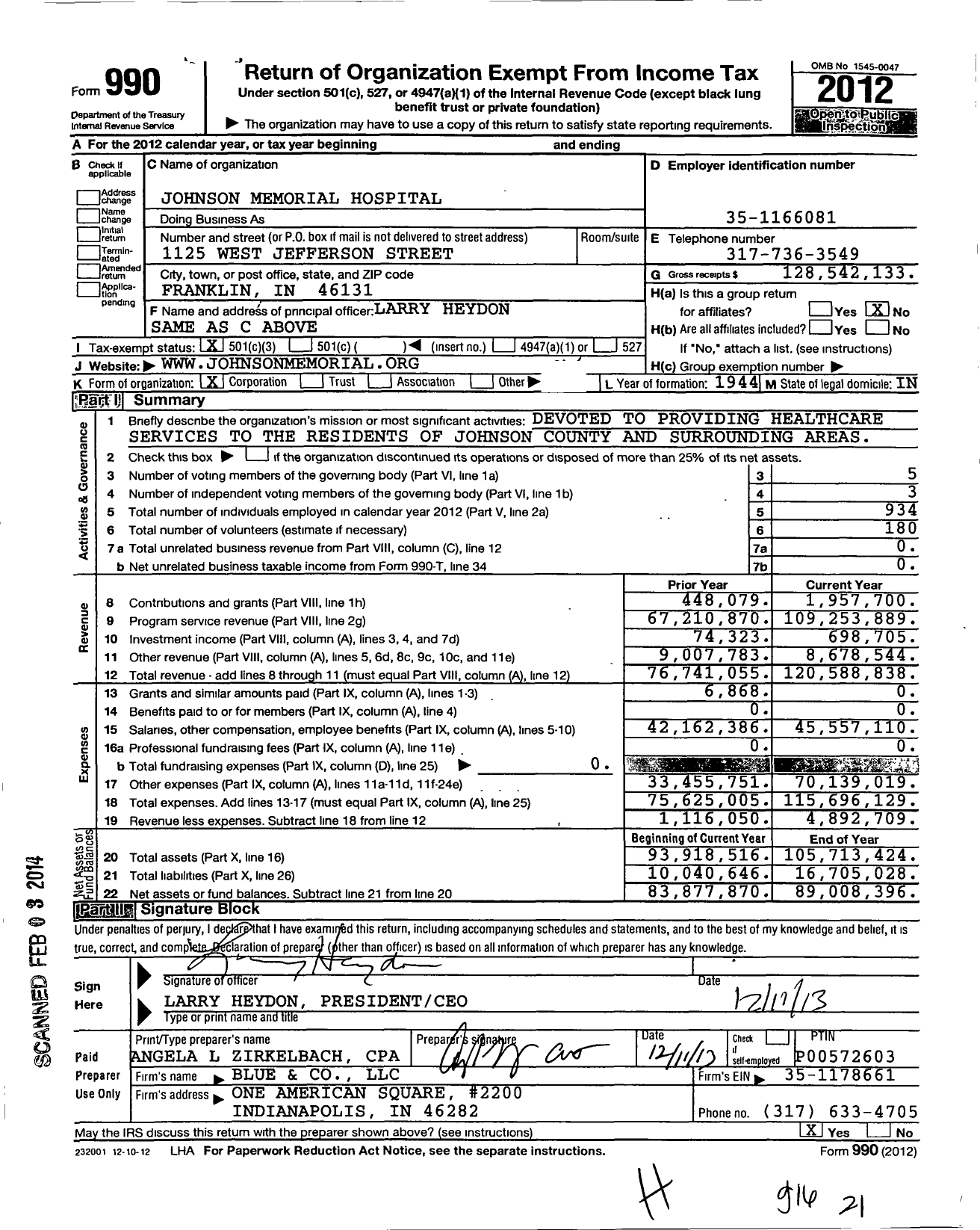 Image of first page of 2012 Form 990 for Johnson Memorial Hospital