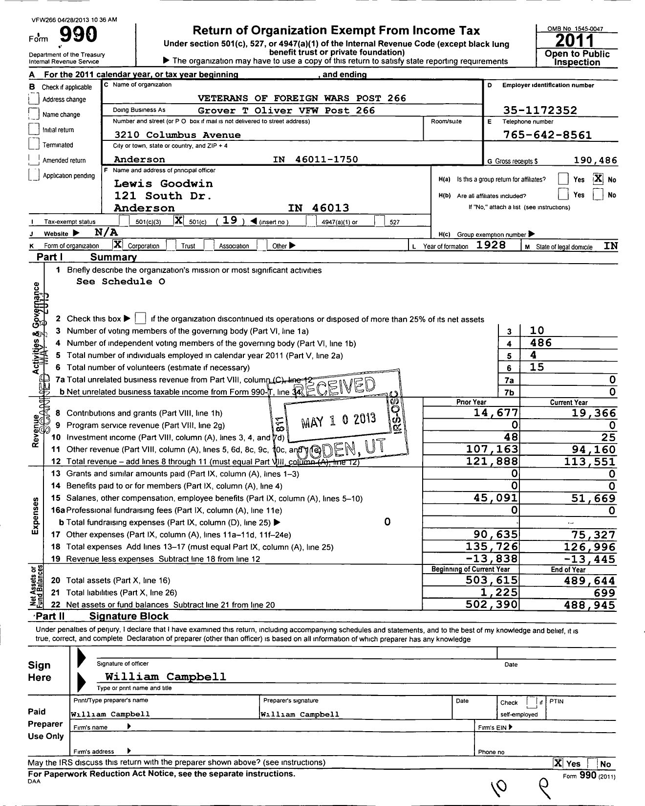 Image of first page of 2011 Form 990O for VFW Department of Indiana - Grover T Oliver VFW Post 266