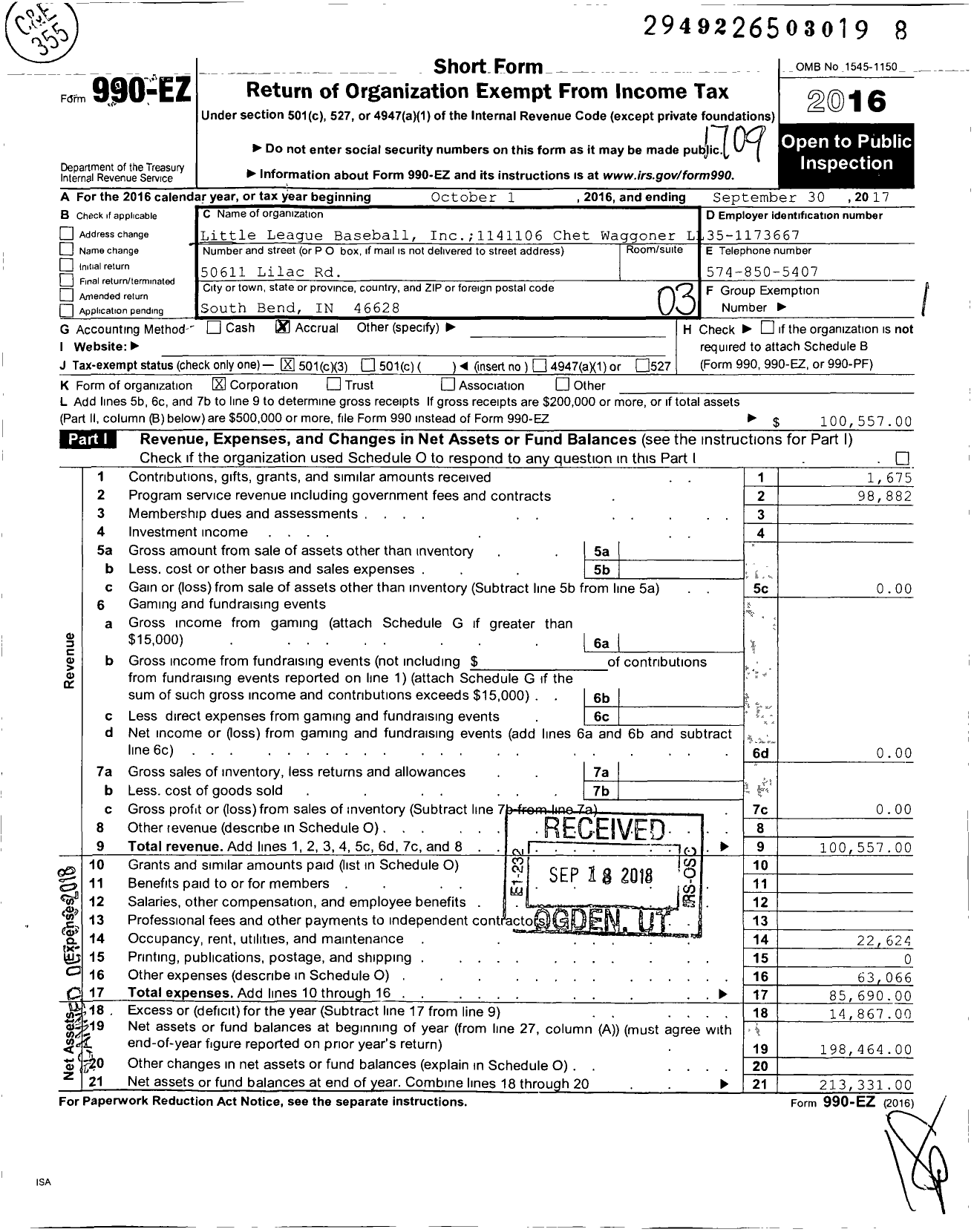 Image of first page of 2016 Form 990EZ for Little League Baseball - 1141106 Chet Waggoner LL