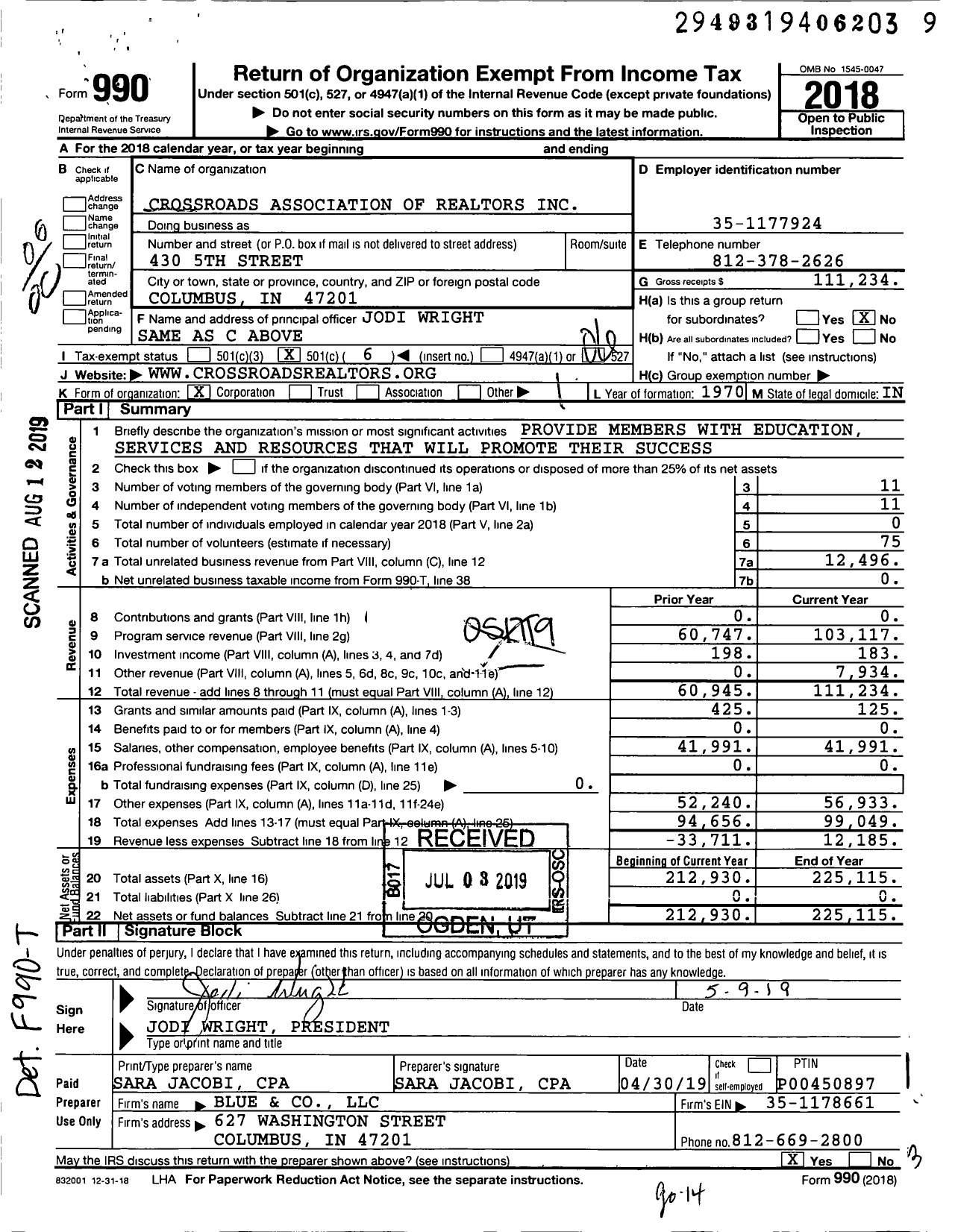 Image of first page of 2018 Form 990O for Crossroads Association of Realtors