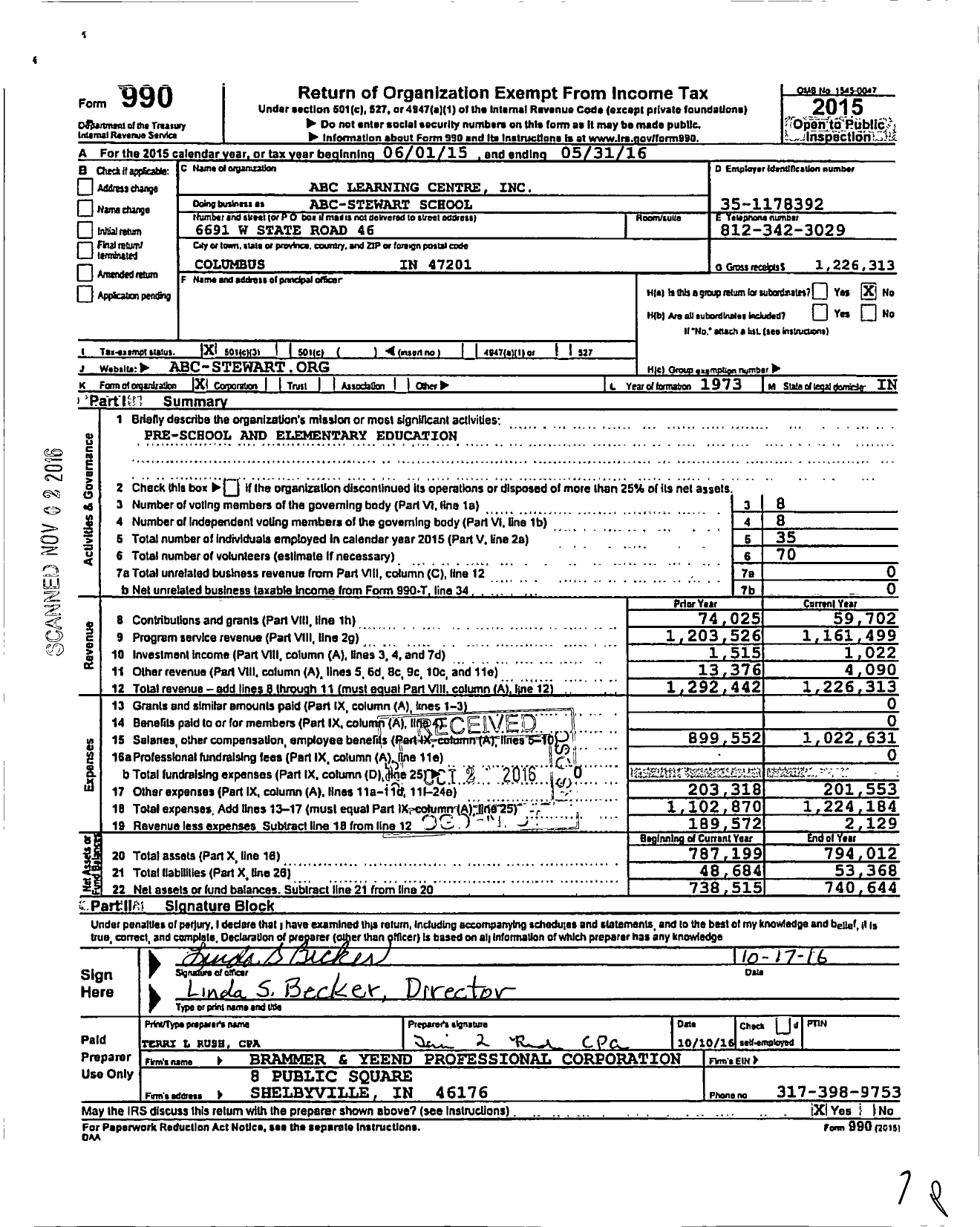 Image of first page of 2015 Form 990 for Abc-Stewart School