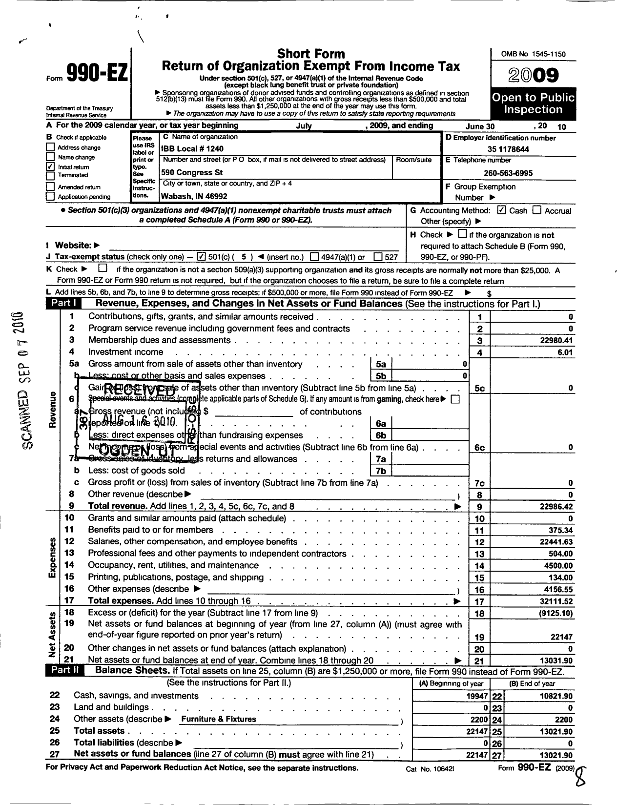 Image of first page of 2009 Form 990EO for International Brotherhood of Boilermakers - 1240 Lodge