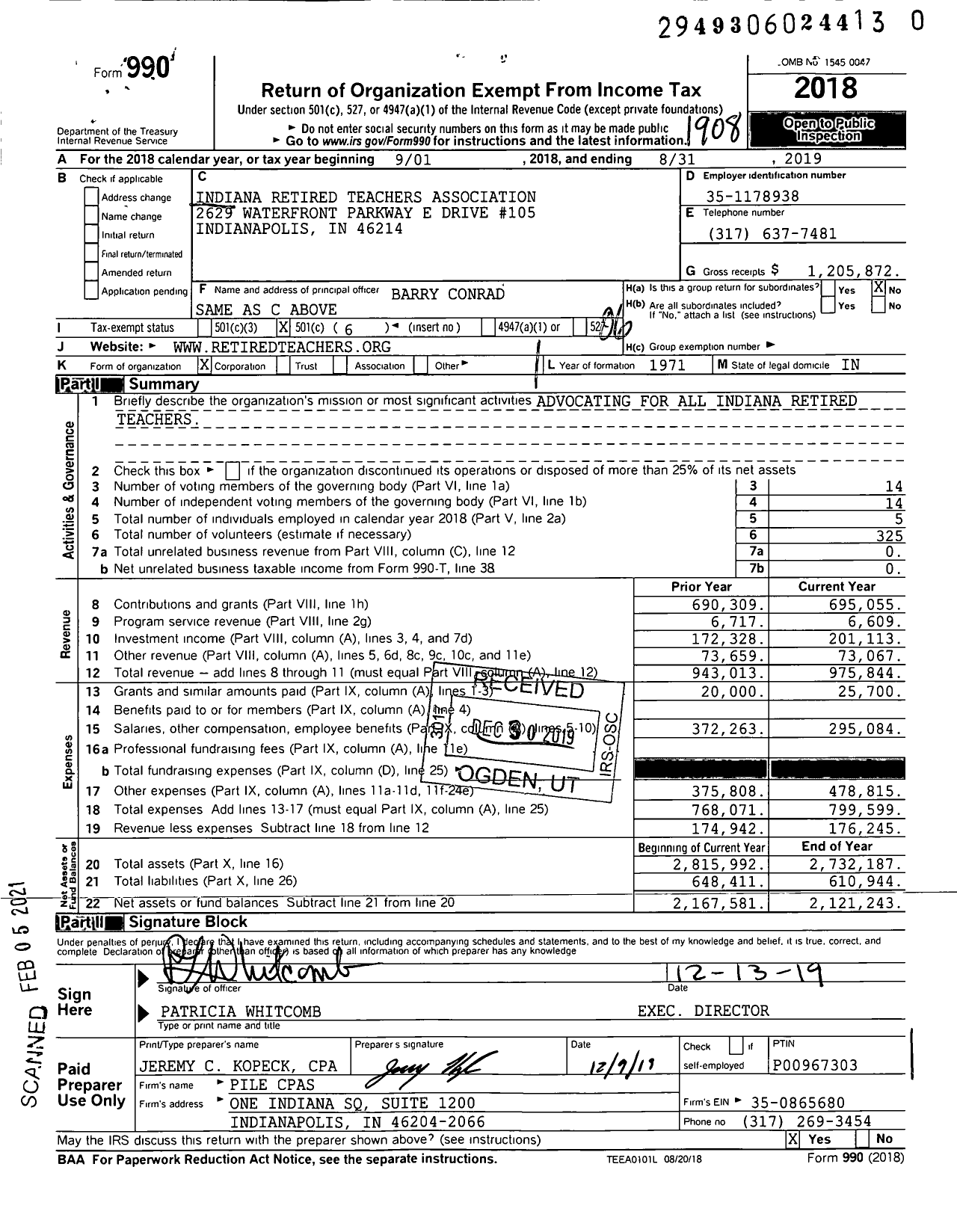 Image of first page of 2018 Form 990O for Indiana Retired Teachers Association