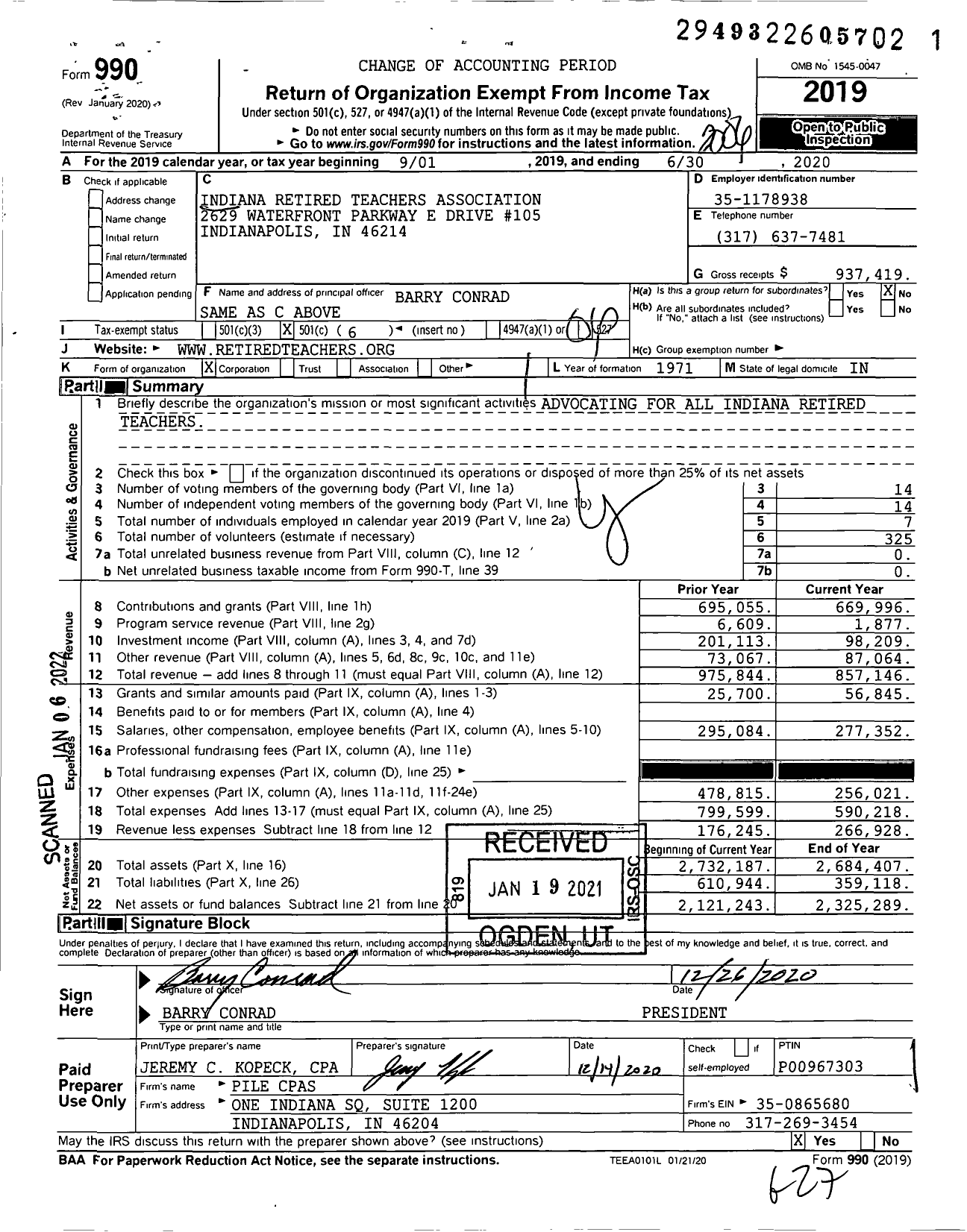 Image of first page of 2019 Form 990O for Indiana Retired Teachers Association