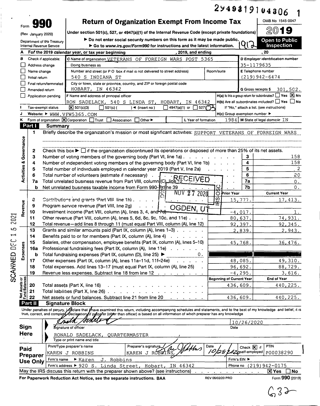Image of first page of 2019 Form 990 for VFW Department of Indiana - 5365 VFW Kostbade-Fowble Post
