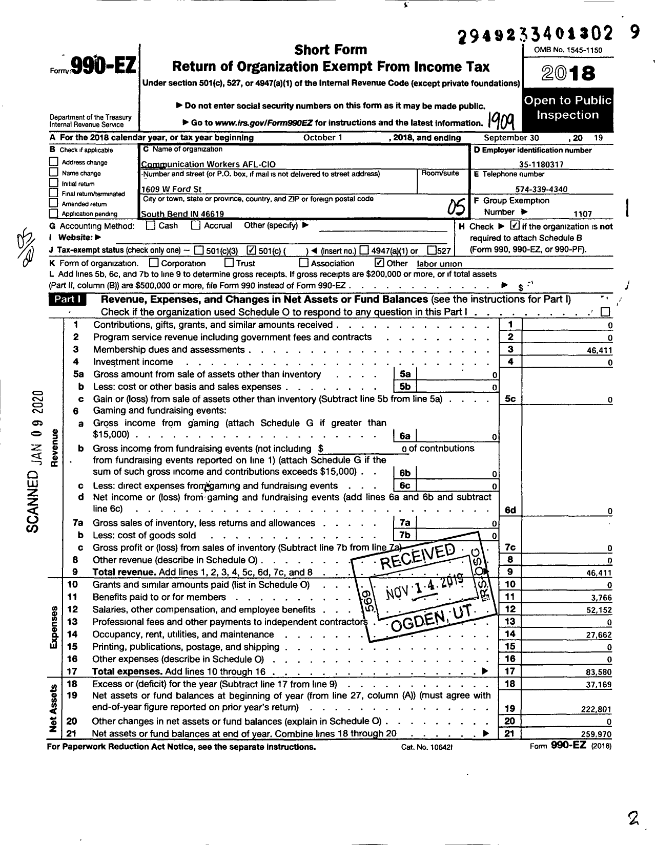 Image of first page of 2018 Form 990EO for Communications Workers of America - 84809 Local