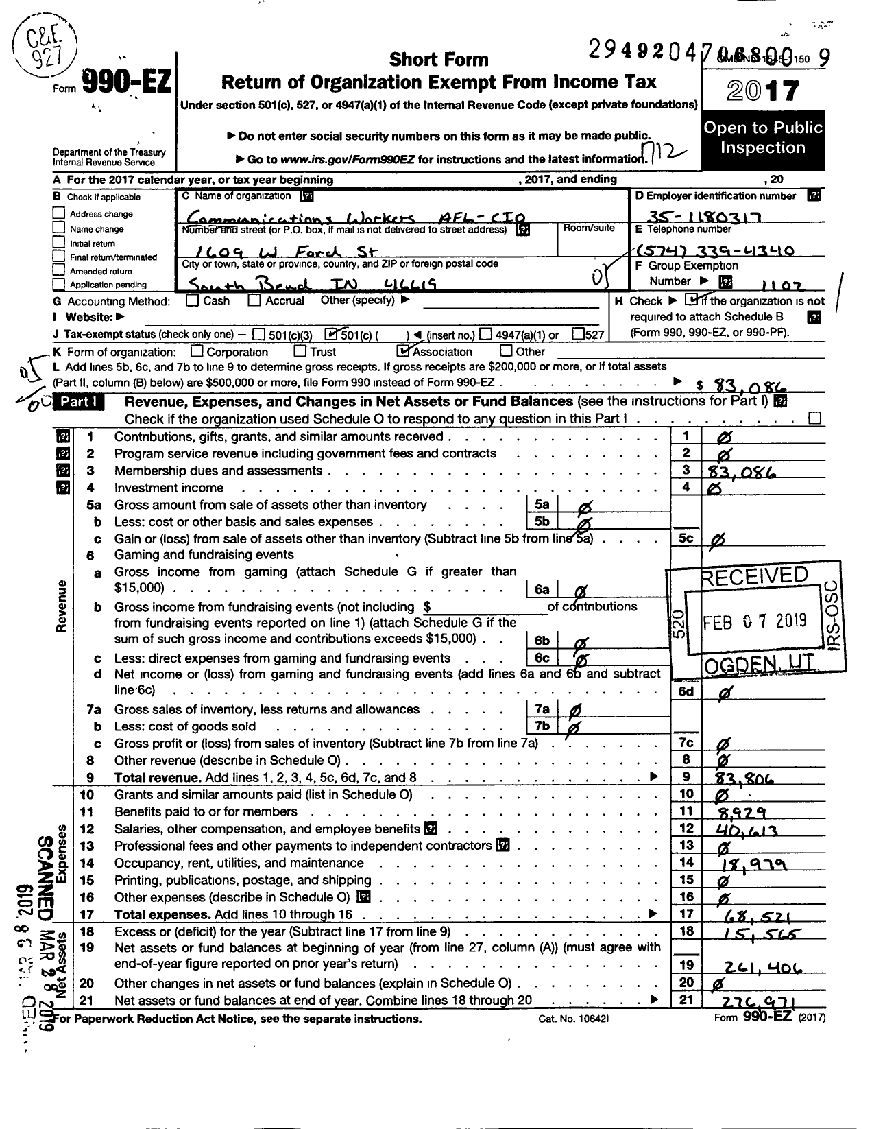 Image of first page of 2017 Form 990EO for Communications Workers of America - 84809 Local