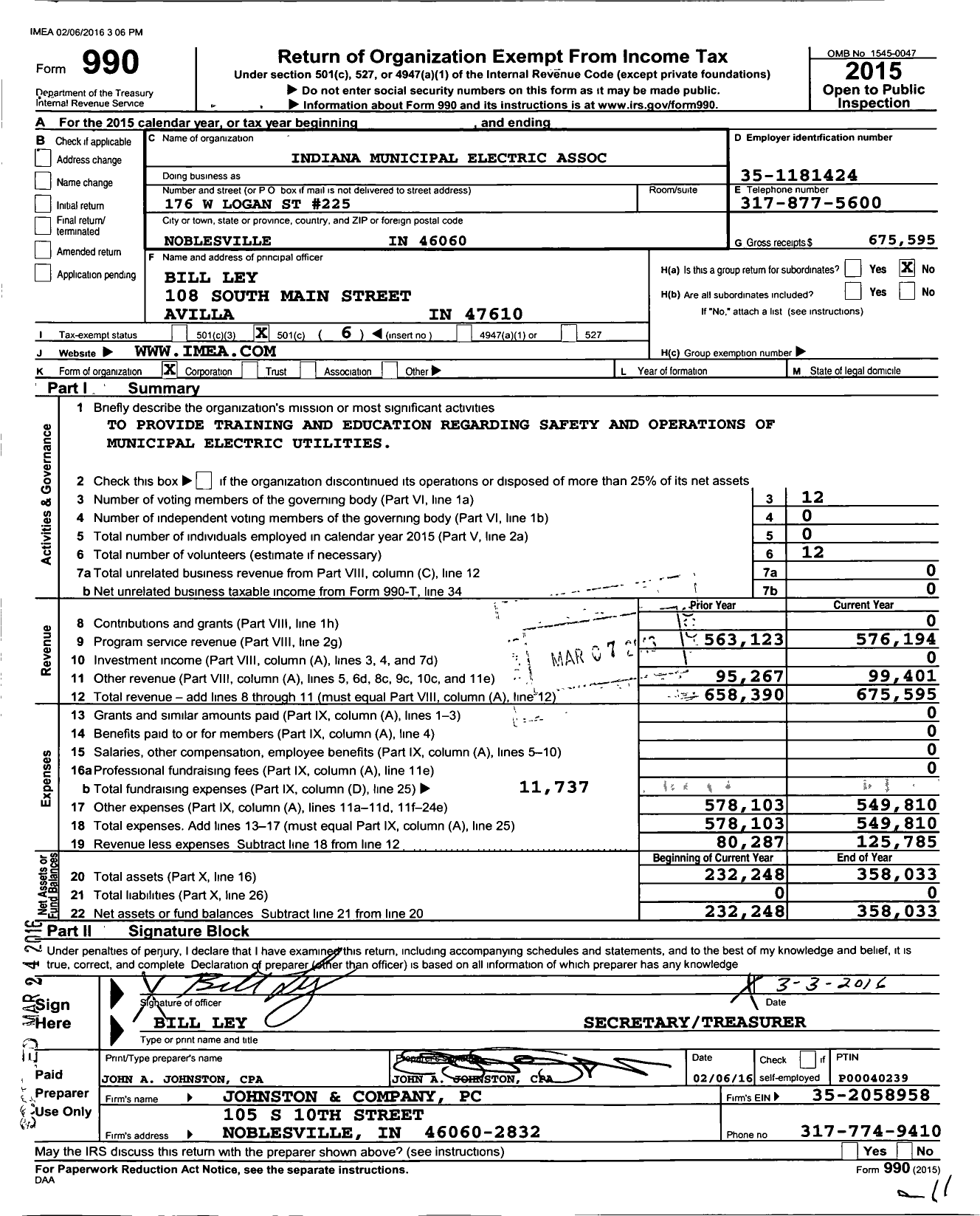 Image of first page of 2015 Form 990O for Indiana Municipal Electric Association