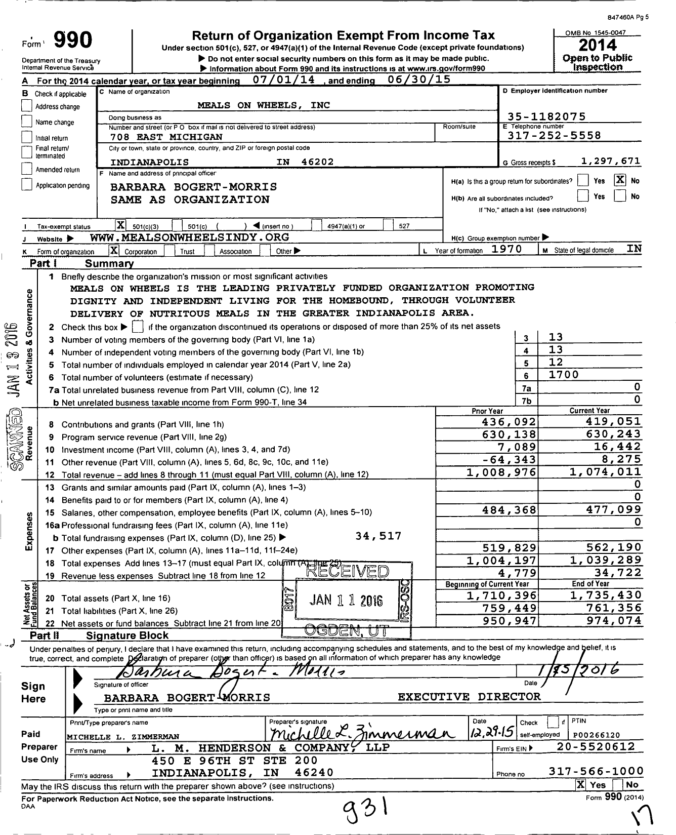 Image of first page of 2014 Form 990 for Meals on Wheels