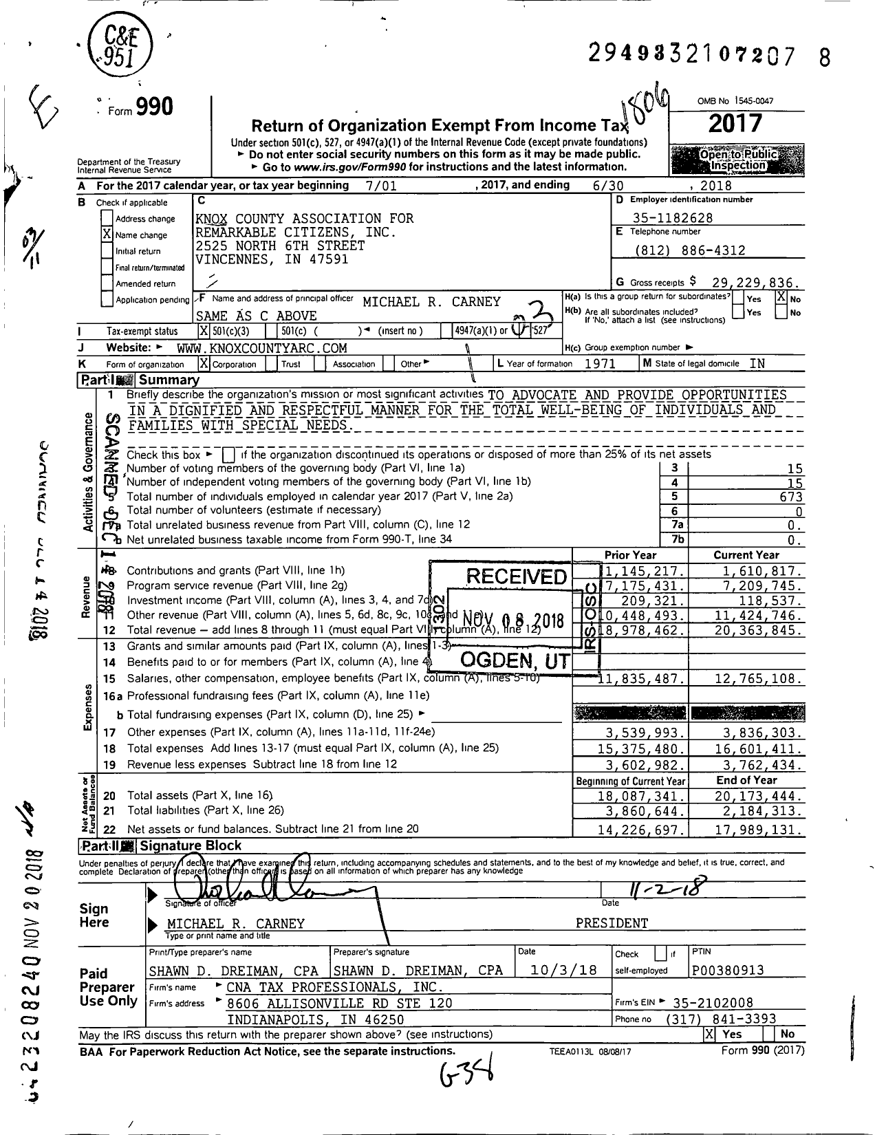 Image of first page of 2017 Form 990 for Knox County Association for Remarkable Citizens (KCARC)