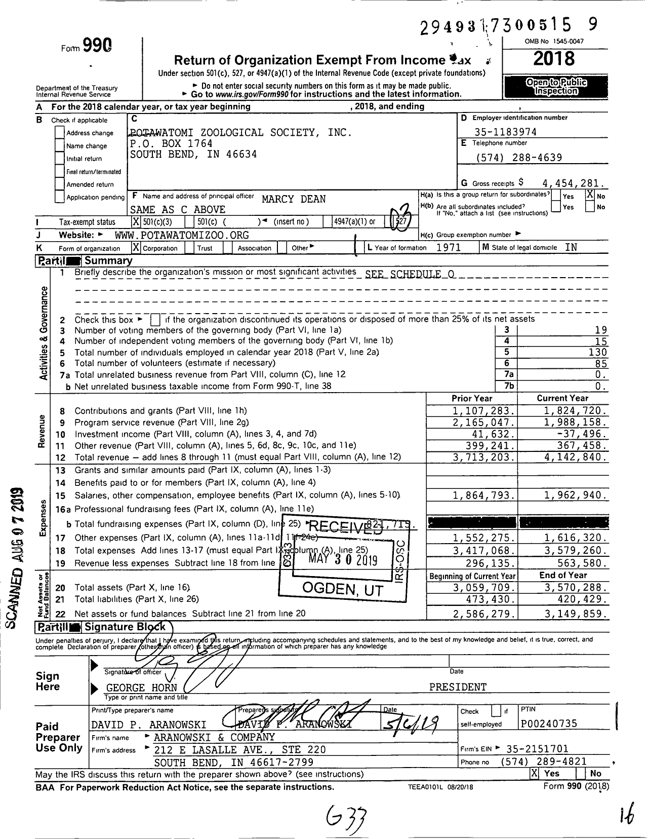 Image of first page of 2018 Form 990 for Potawatomi Zoological Society