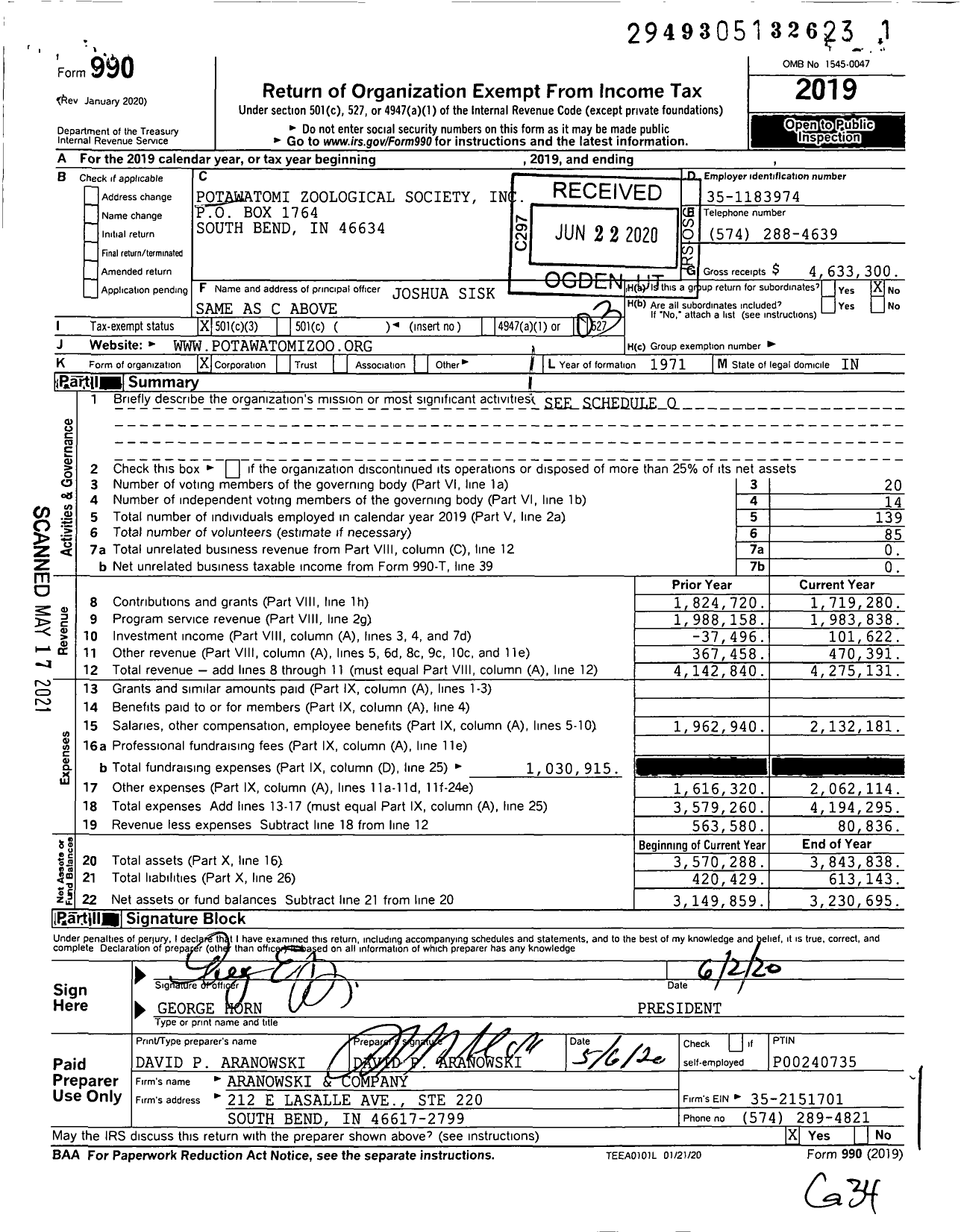 Image of first page of 2019 Form 990 for Potawatomi Zoological Society