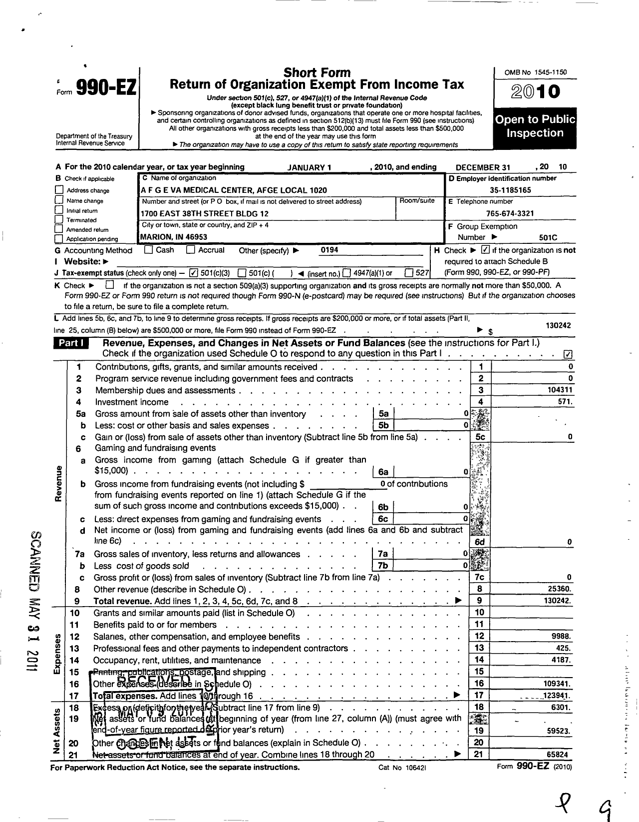 Image of first page of 2010 Form 990EZ for American Federation of Government Employees - 1020 Afge Va Local