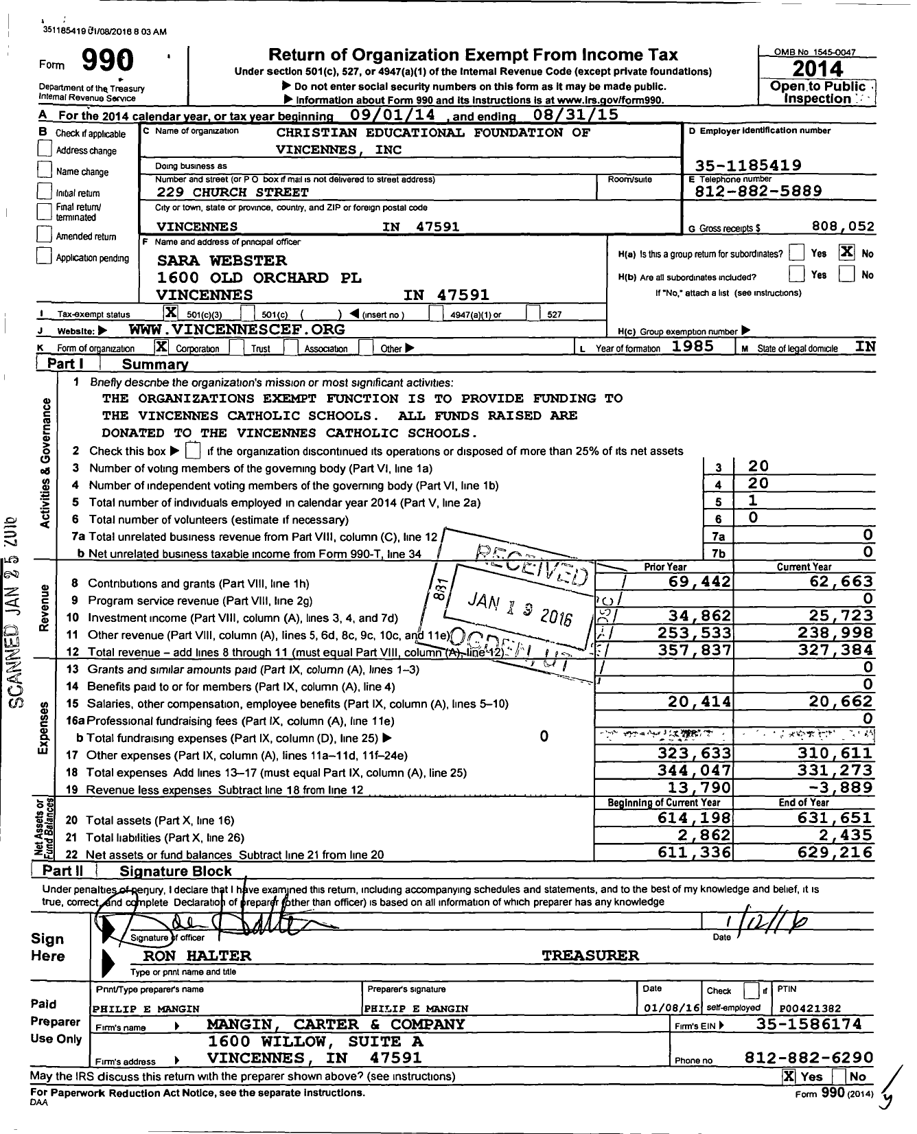 Image of first page of 2014 Form 990 for Christian Educational Foundation of Vincennes