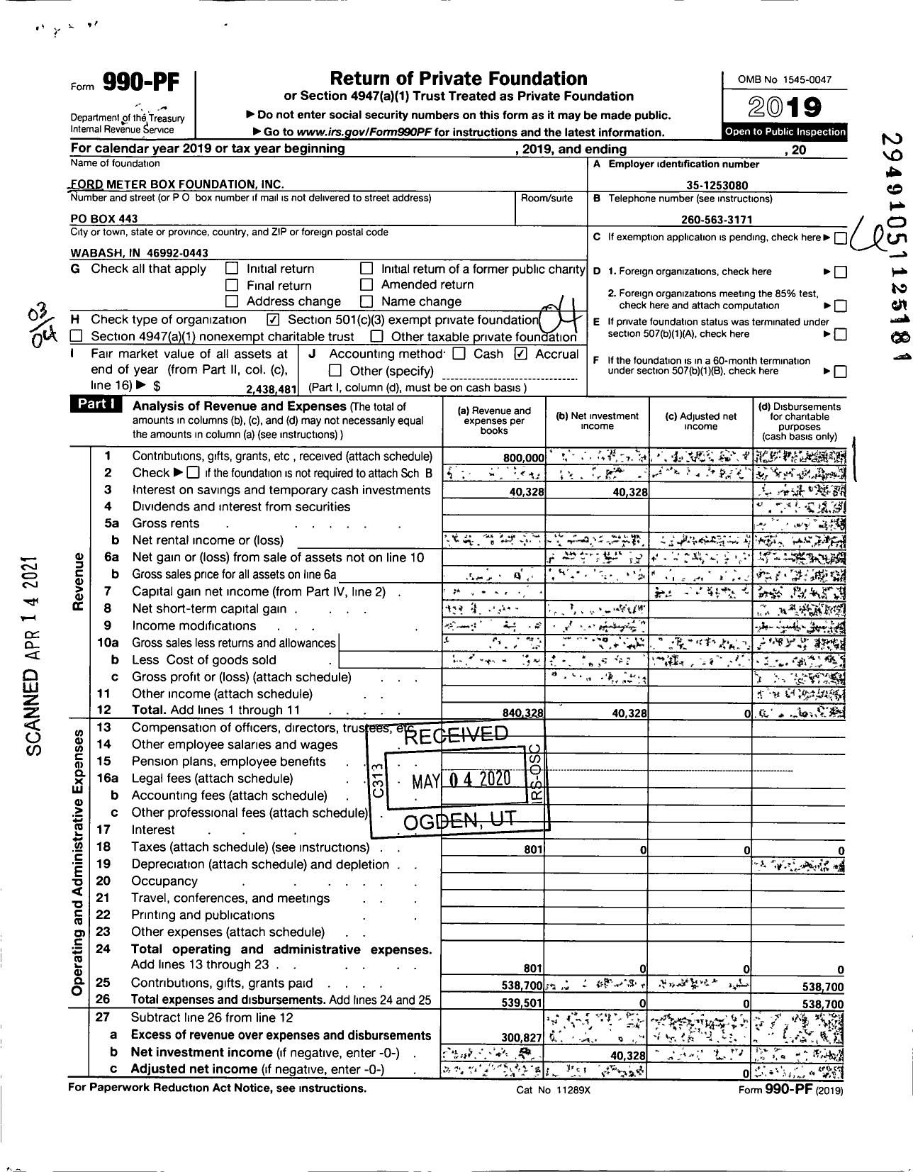 Image of first page of 2019 Form 990PF for Ford Meter Box Foundation