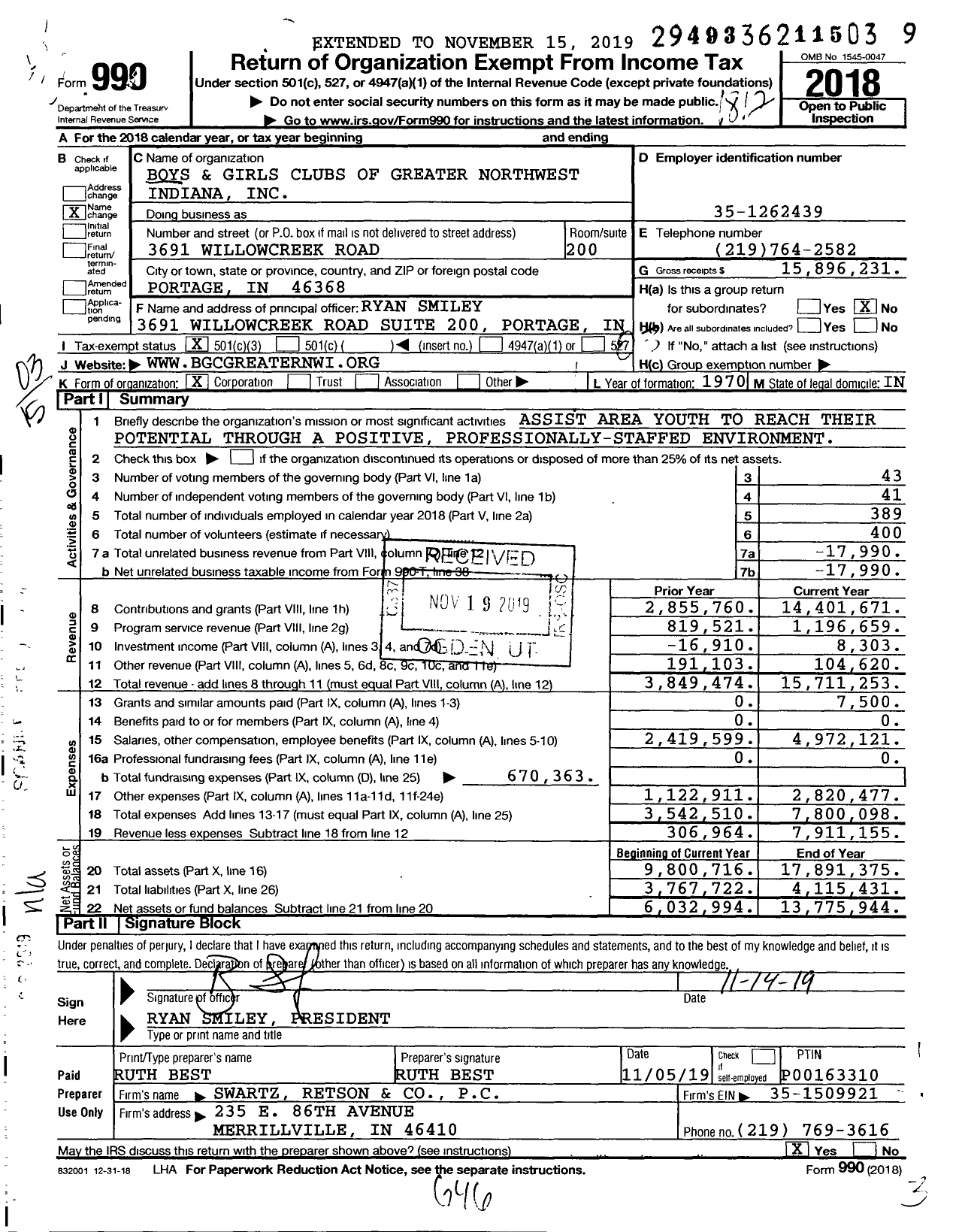 Image of first page of 2018 Form 990 for Boys and Girls Clubs of Greater Northwest Indiana