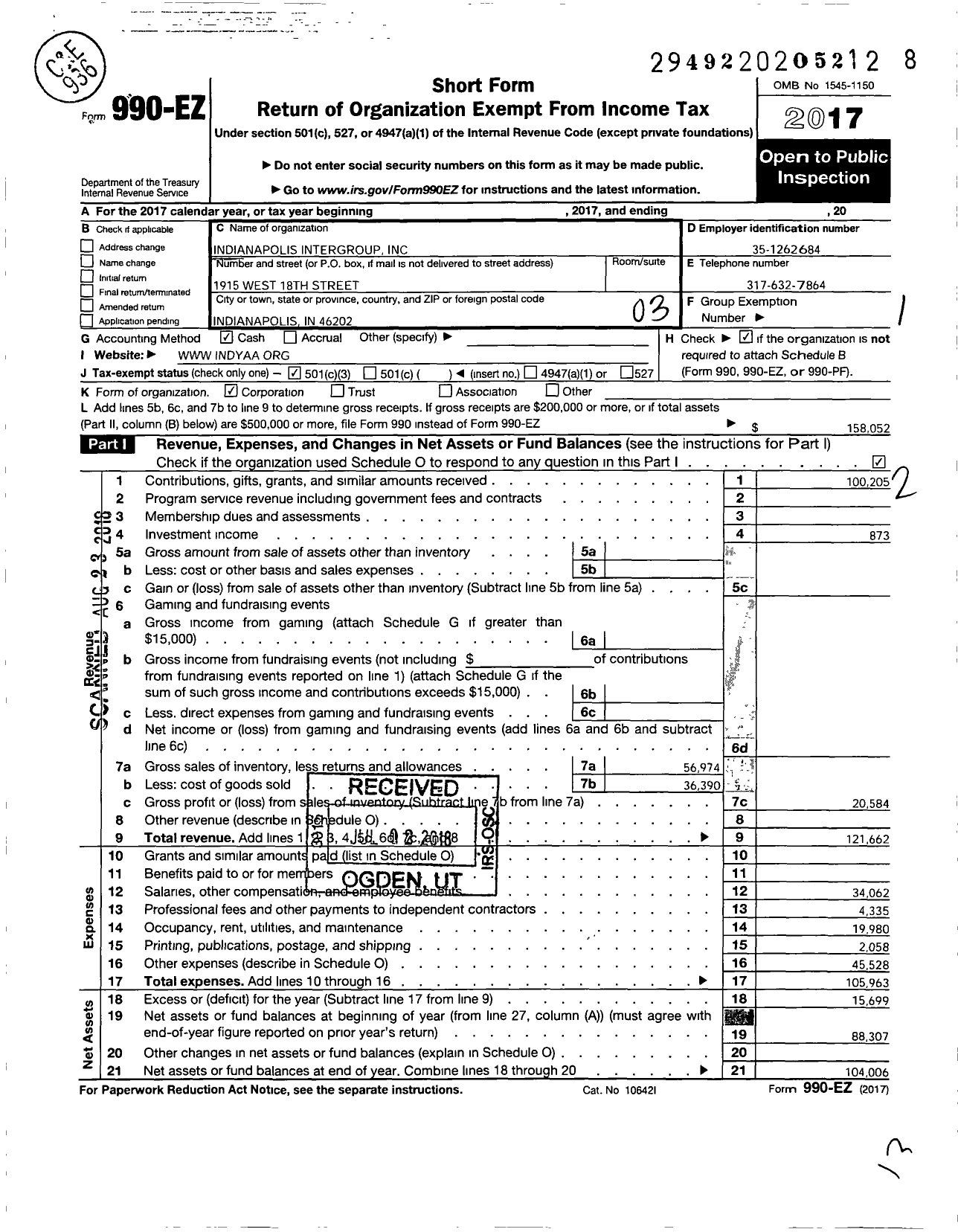 Image of first page of 2017 Form 990EZ for Indianapolis Intergroup