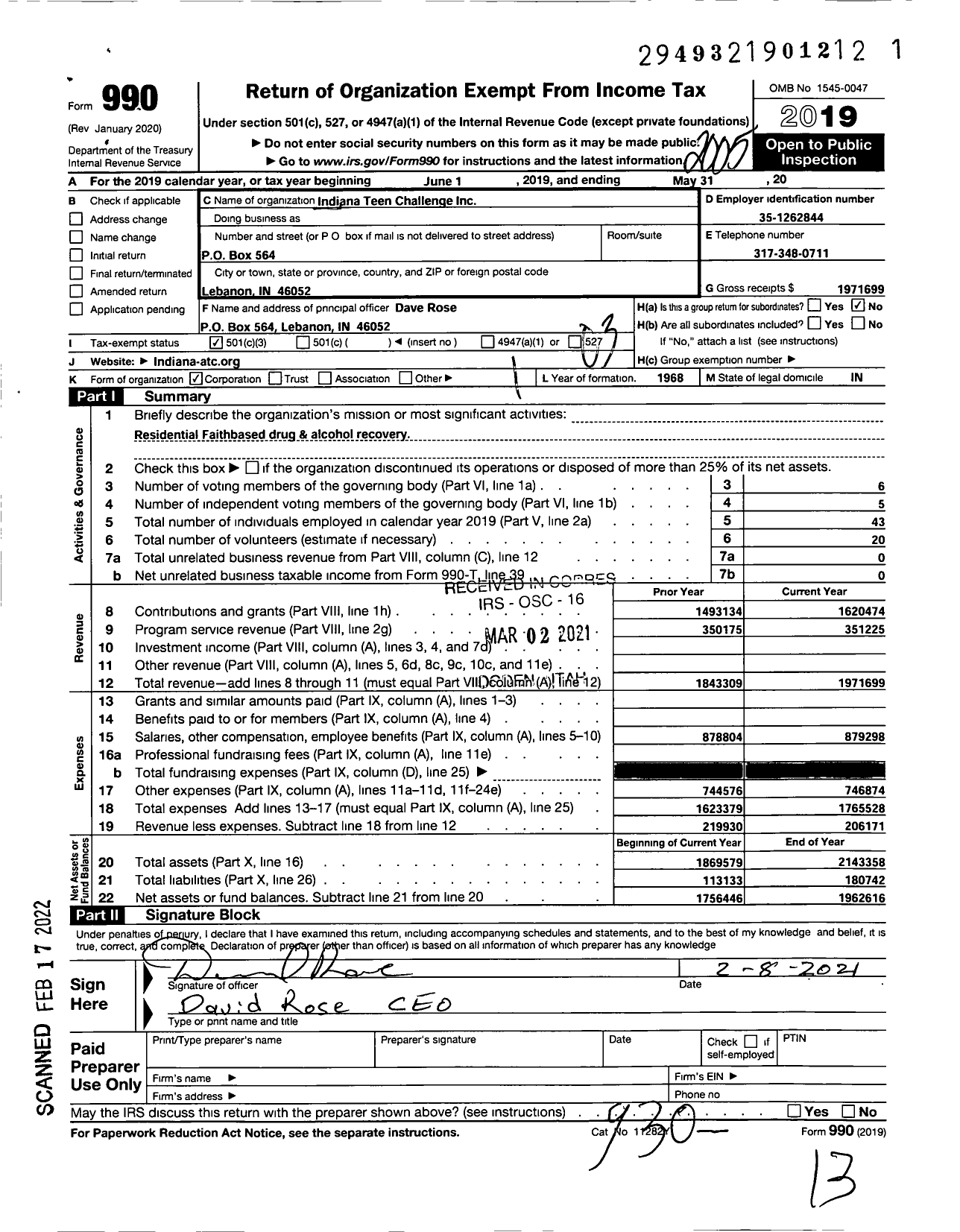 Image of first page of 2019 Form 990 for Indiana Adult & Teen Challenge