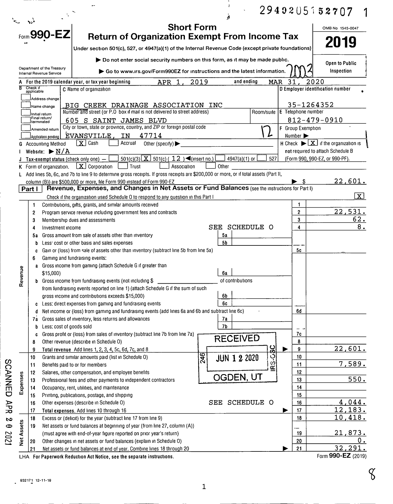 Image of first page of 2019 Form 990EO for Big Creek Drainage Association