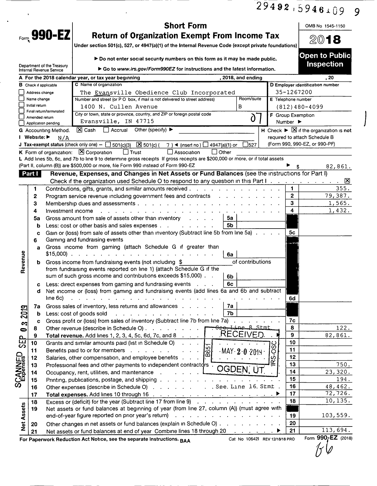 Image of first page of 2018 Form 990EO for The Evansville Obedience Club Incorporated