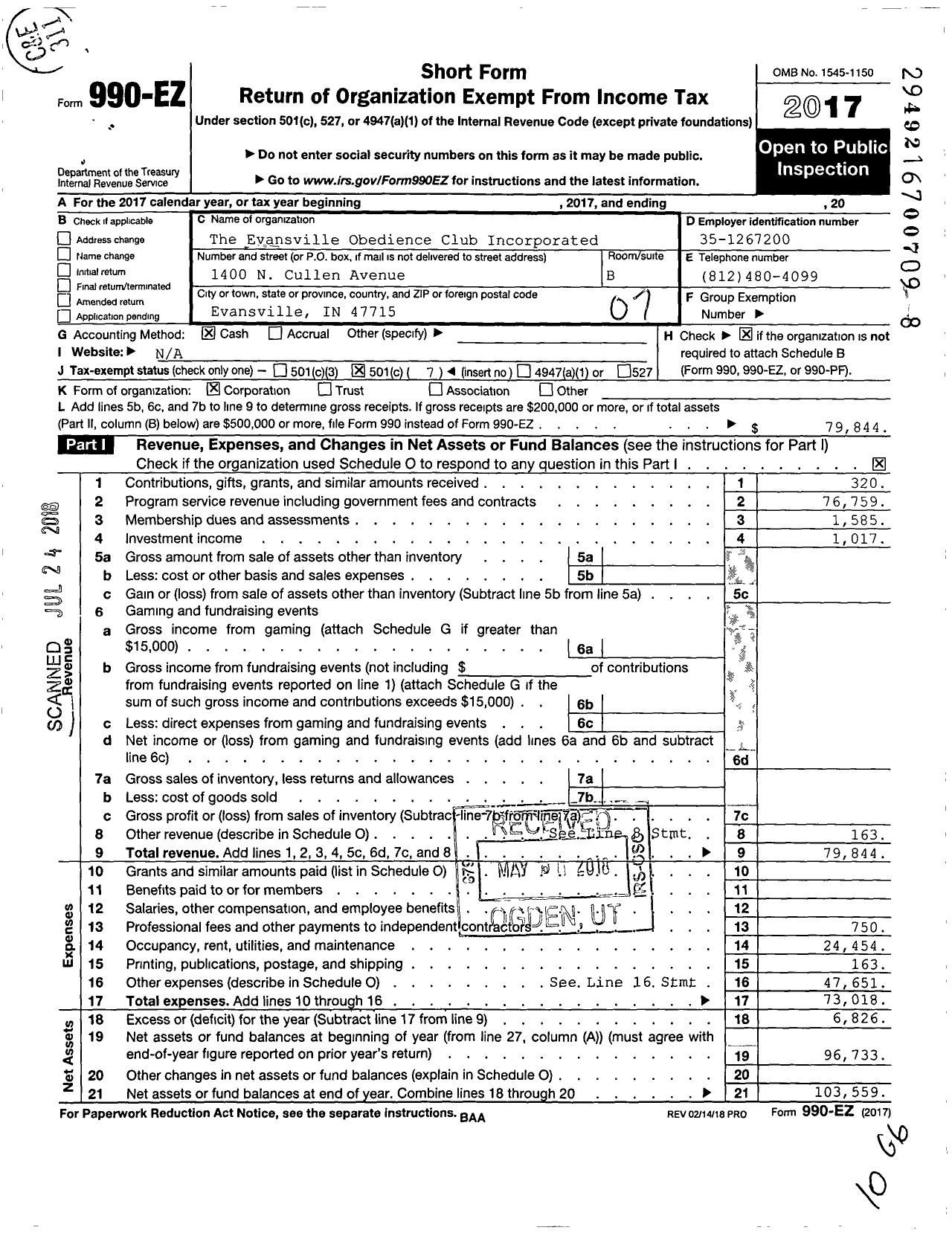 Image of first page of 2017 Form 990EO for The Evansville Obedience Club Incorporated