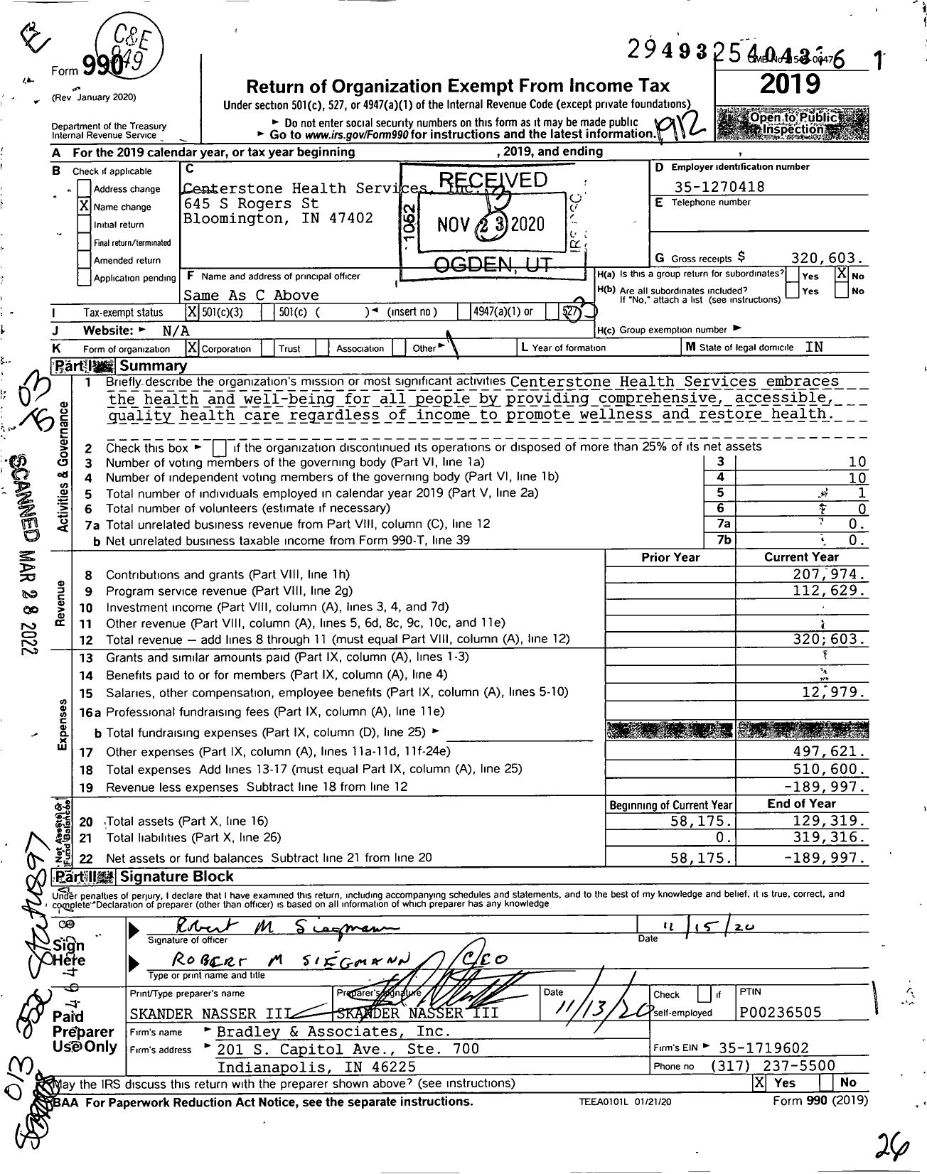 Image of first page of 2019 Form 990 for Centerstone Health Services