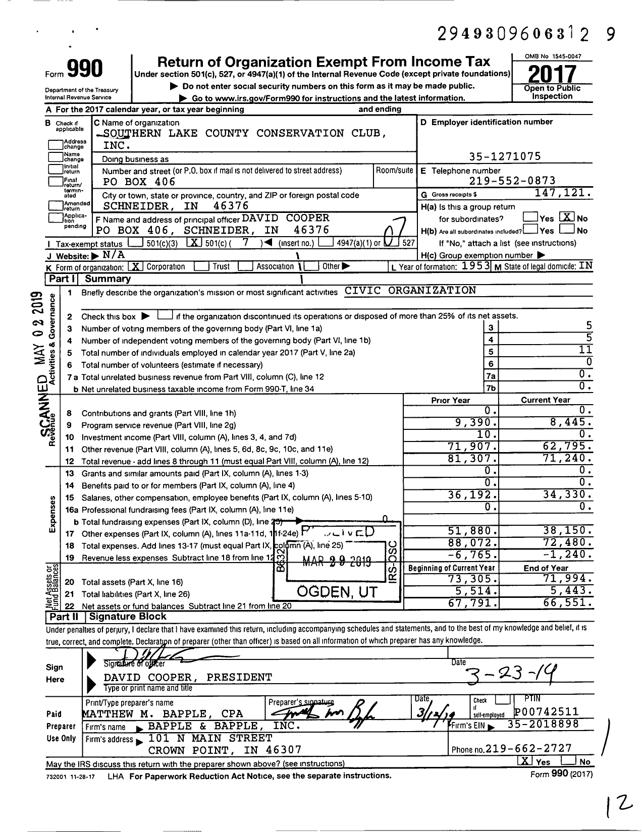 Image of first page of 2017 Form 990O for Southern Lake County Conservation Club