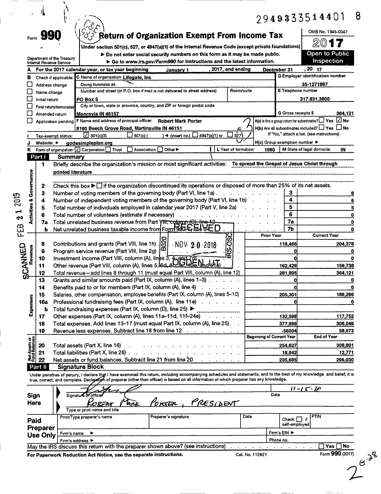 Image of first page of 2017 Form 990 for Lifegate