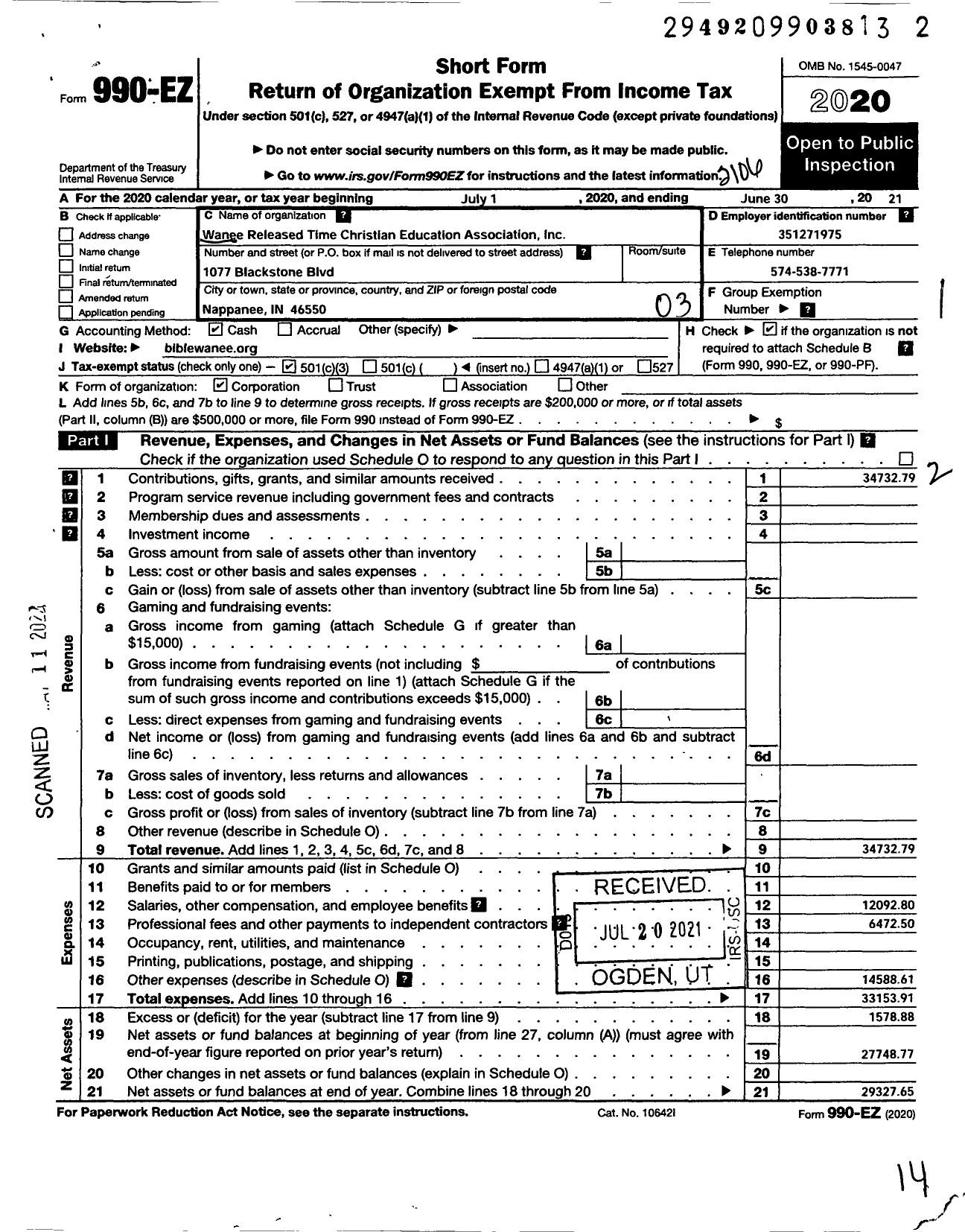 Image of first page of 2020 Form 990EZ for Wa-Nee Released Time Christian Education Association