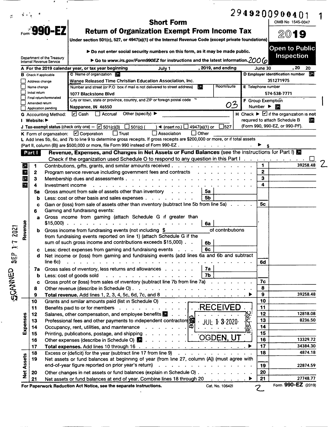 Image of first page of 2019 Form 990EZ for Wa-Nee Released Time Christian Education Association