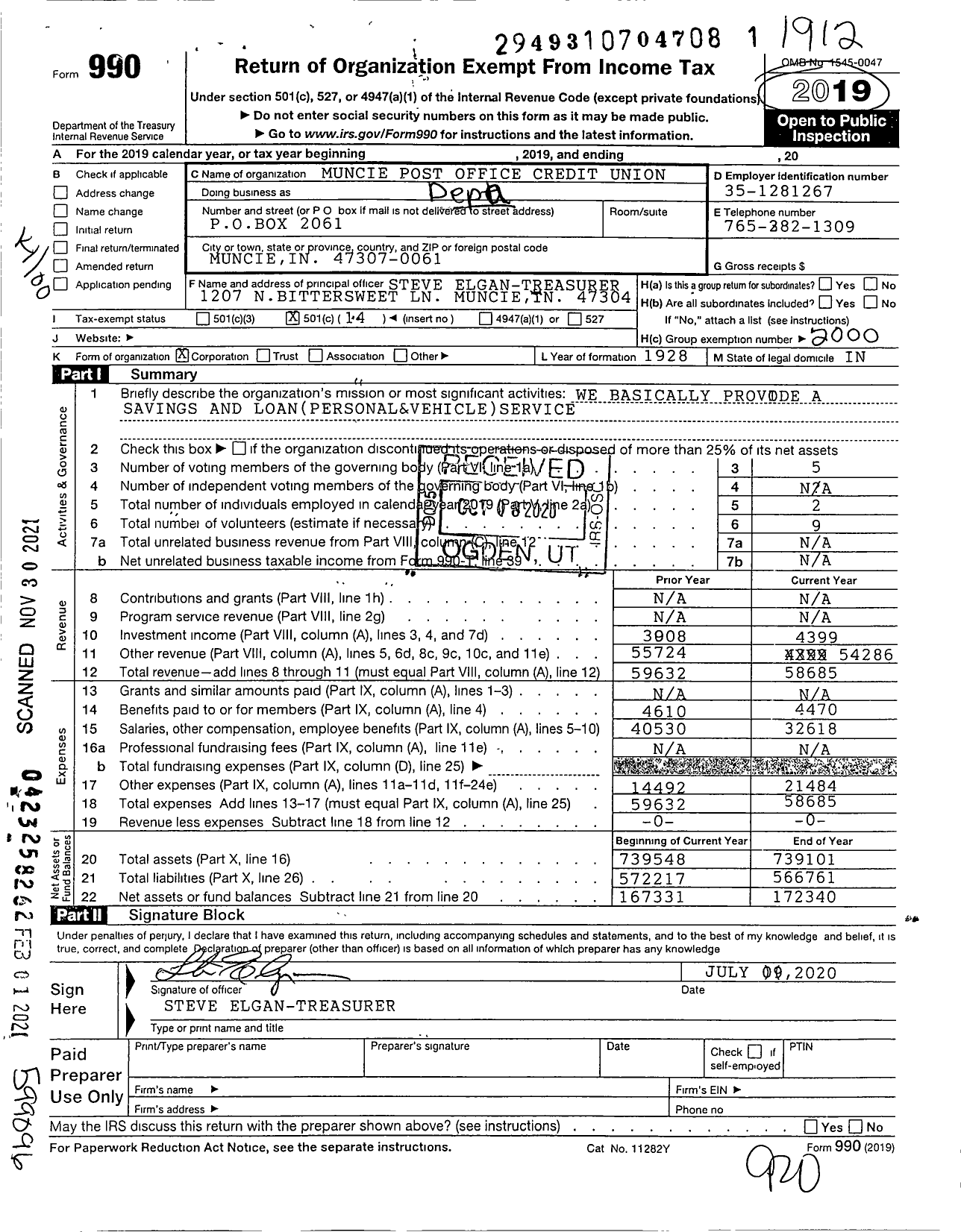 Image of first page of 2019 Form 990O for Muncie Post Office Credit Union
